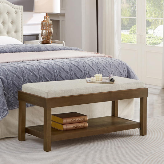 24KF Large Rectangular Storage Bench,Upholstered Seat Cushion,Ottoman Coffee Table with Beige Removable Cushion for Living Room,Entryway Bench Bed Bench with Solid Wood Shelf,5069-Beige