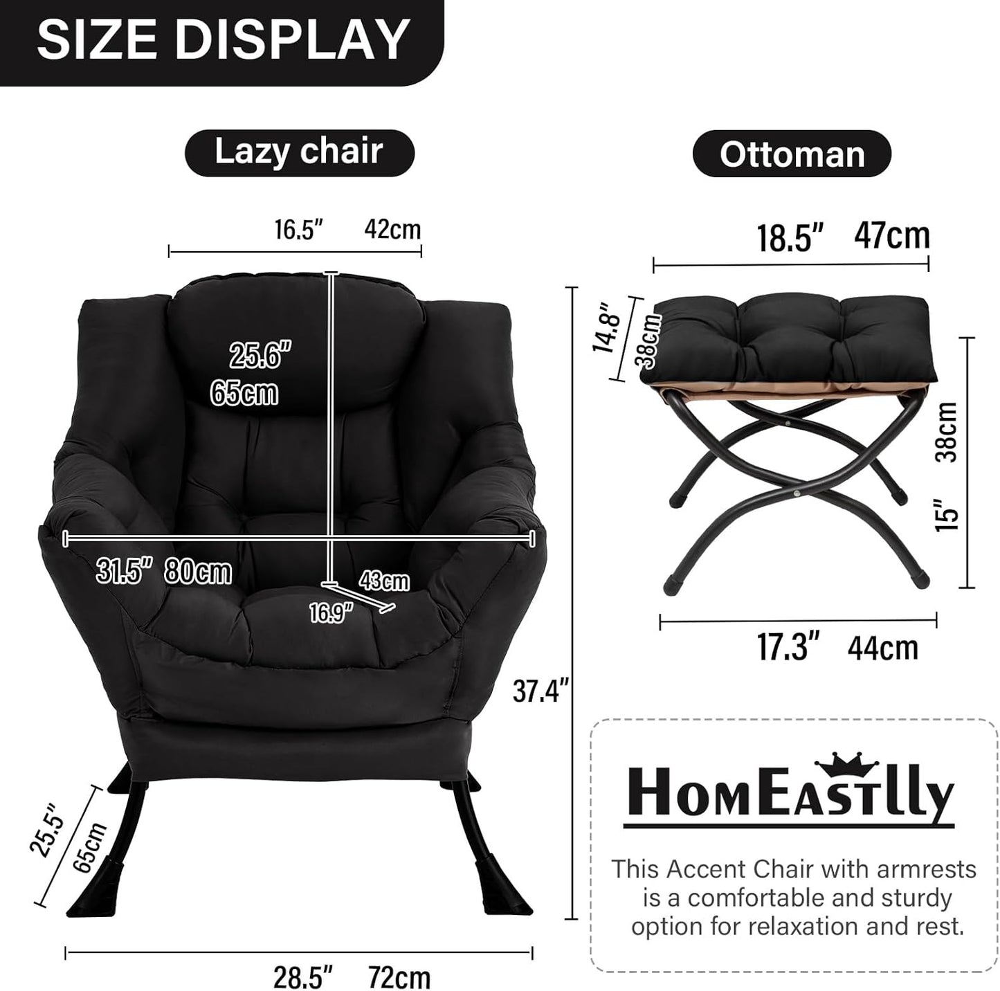 Lazy Chair with Ottoman, Large Modern Lounge Accent Chair with Armrests and Footrest, Reading Armchair with Ottoman, Leisure Sofa Chair for Living Room, Bedroom, Dorm Room, Office（Black）
