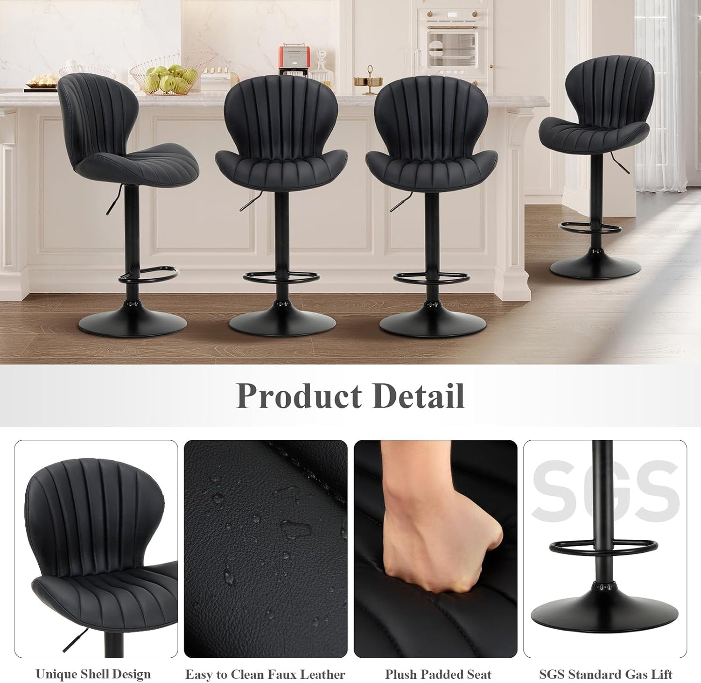 COLAMY Bar Stools Set of 1, Modern Swivel Bar Chairs, Adjustable Faux Leather Upholstered Barstools Counter Height with High Backrest for Bar, Kitchen Island, Dining Room, Black