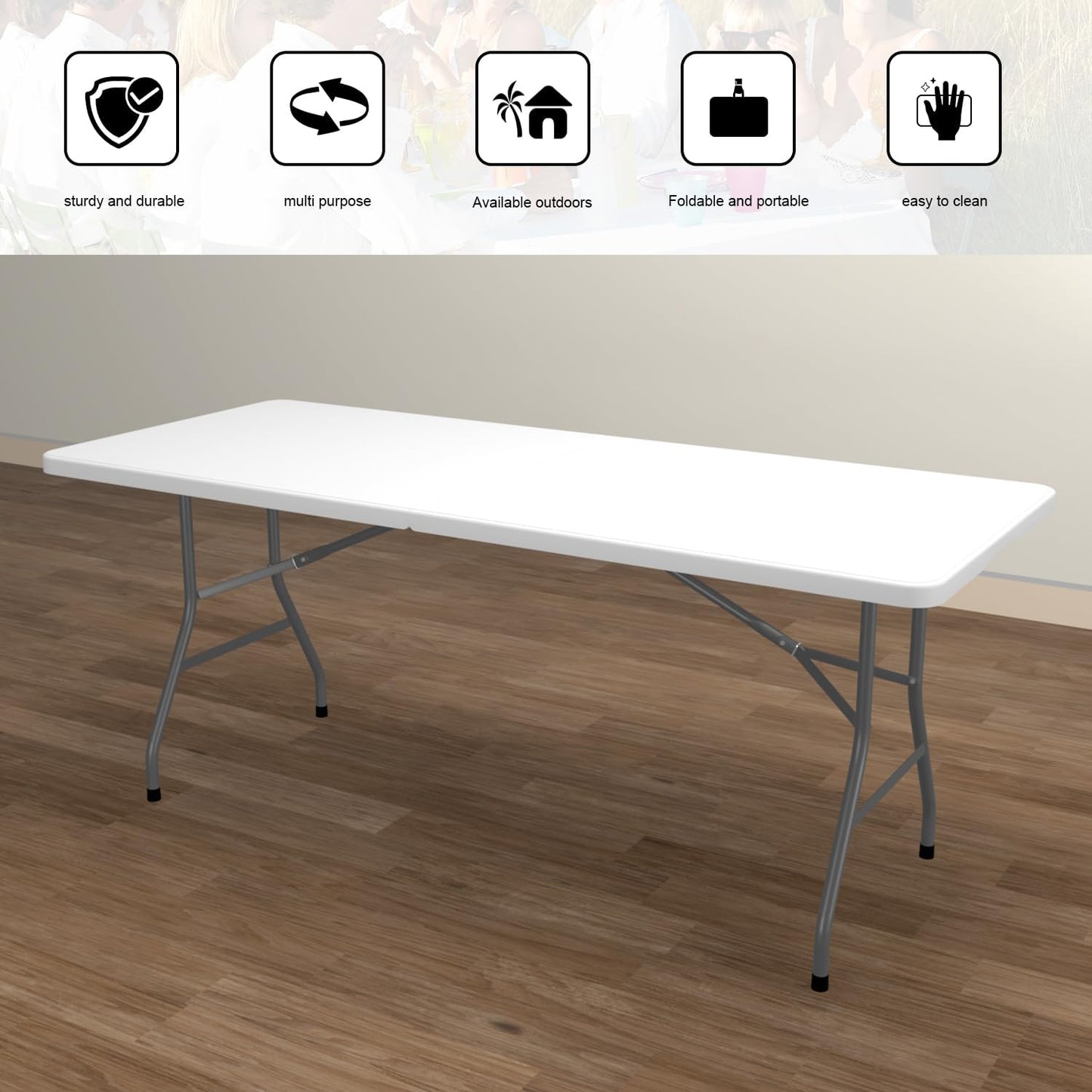 70.8" W X 29" D X 29" H - 6 ft Folding Table White Portable Heavy Duty Plastic Fold-in-Half Utility Foldable Table for Camp，Picnic & Party