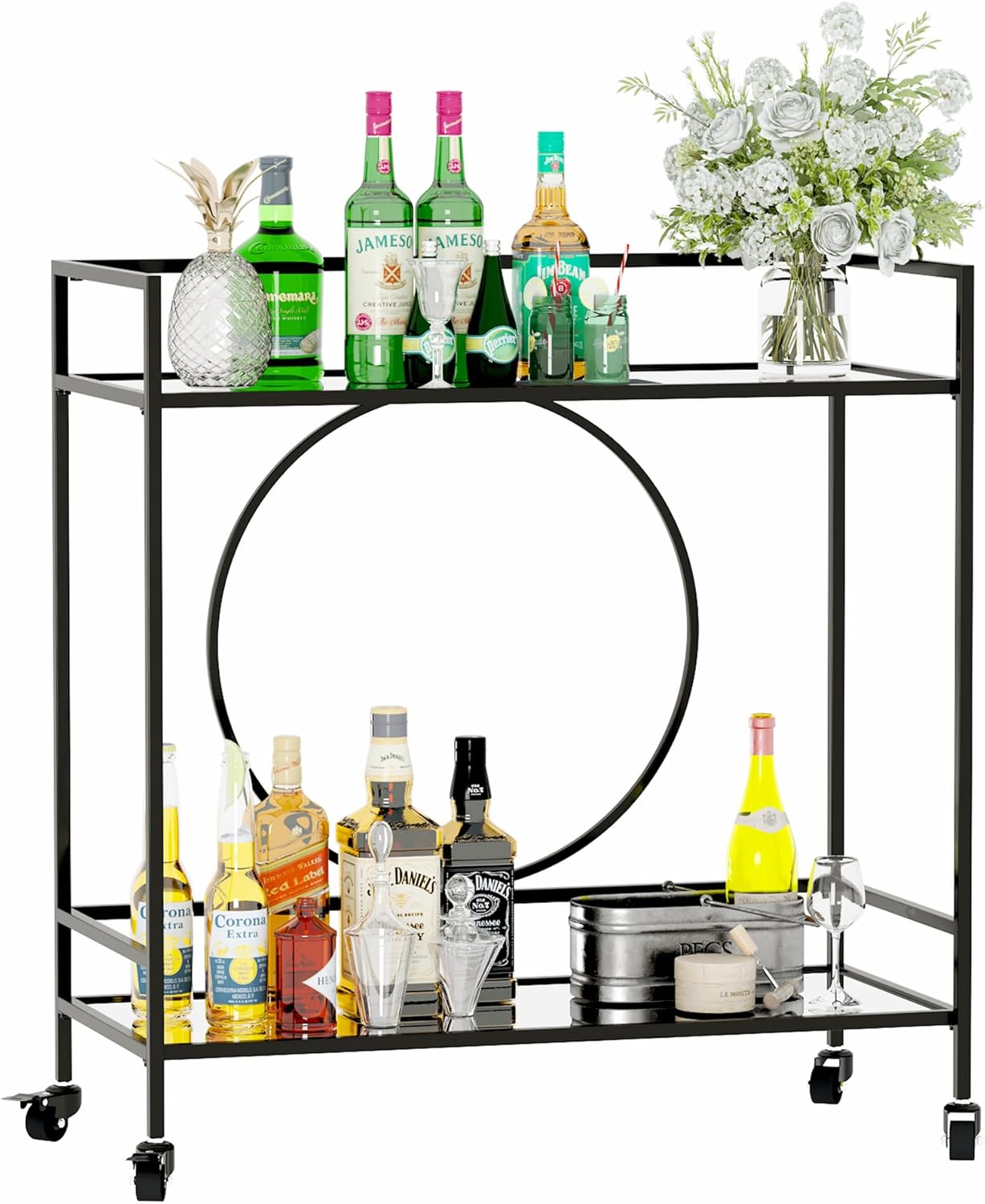 RiteSune Black Bar Cart with Wheels, Vintage Serving Cart Wine Cart with 2 Mirror Shelves, Alcohol Cart Liquor Bar Carts for Home Bar