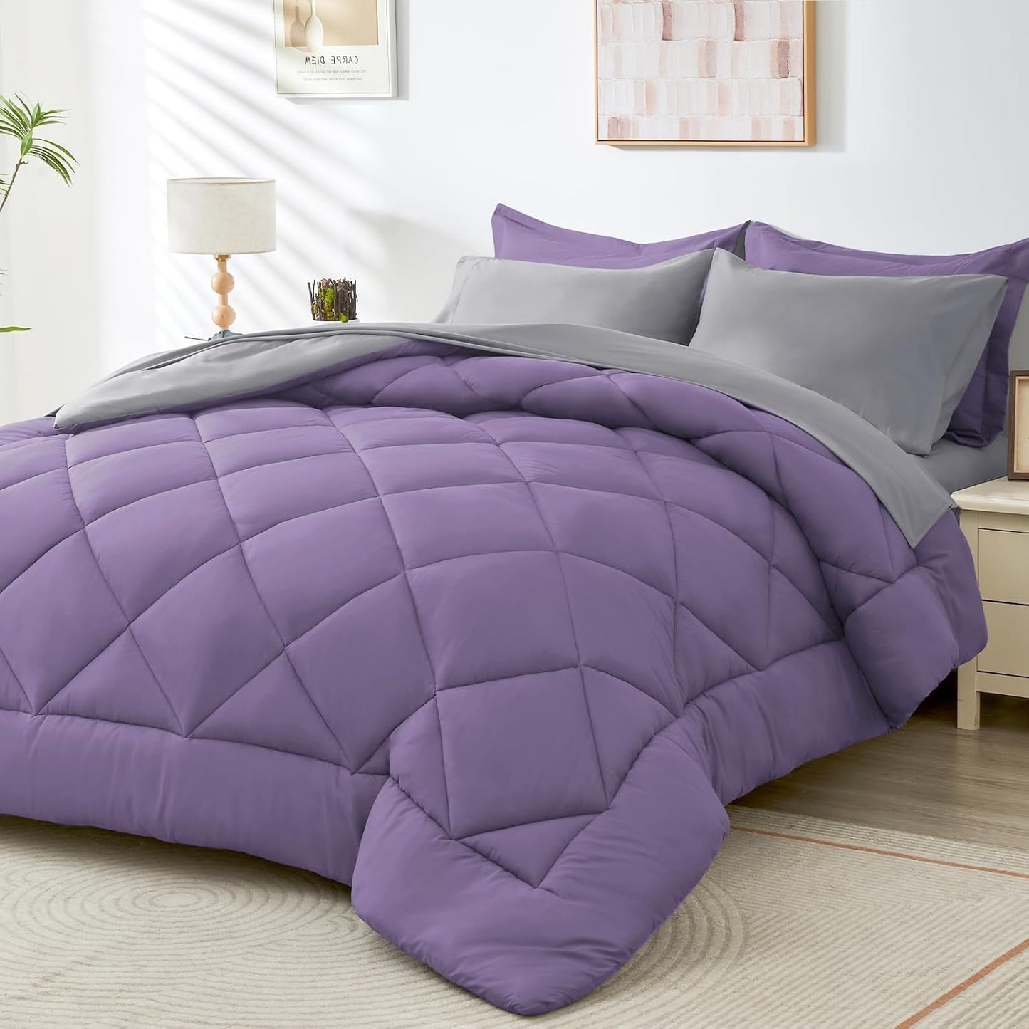HEVUMYI Cali-King Comforter Set - 7-Piece All Season Bed in a Bag Cali-King, Ultra Soft Bedding Set with Comforter, Flat Sheet, Fitted Sheet, Pillowcases, Pillow Shams, Purple & Light Grey