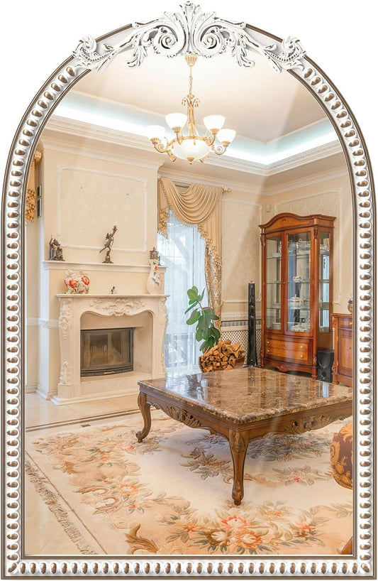 24''x36'' Arched Wall Mirror with Beads Wooden, Vintage Baroque Decorative Arch Mirrors for Entryway, Fireplace, Living Room, Hallway, Bathroom Boho Accent