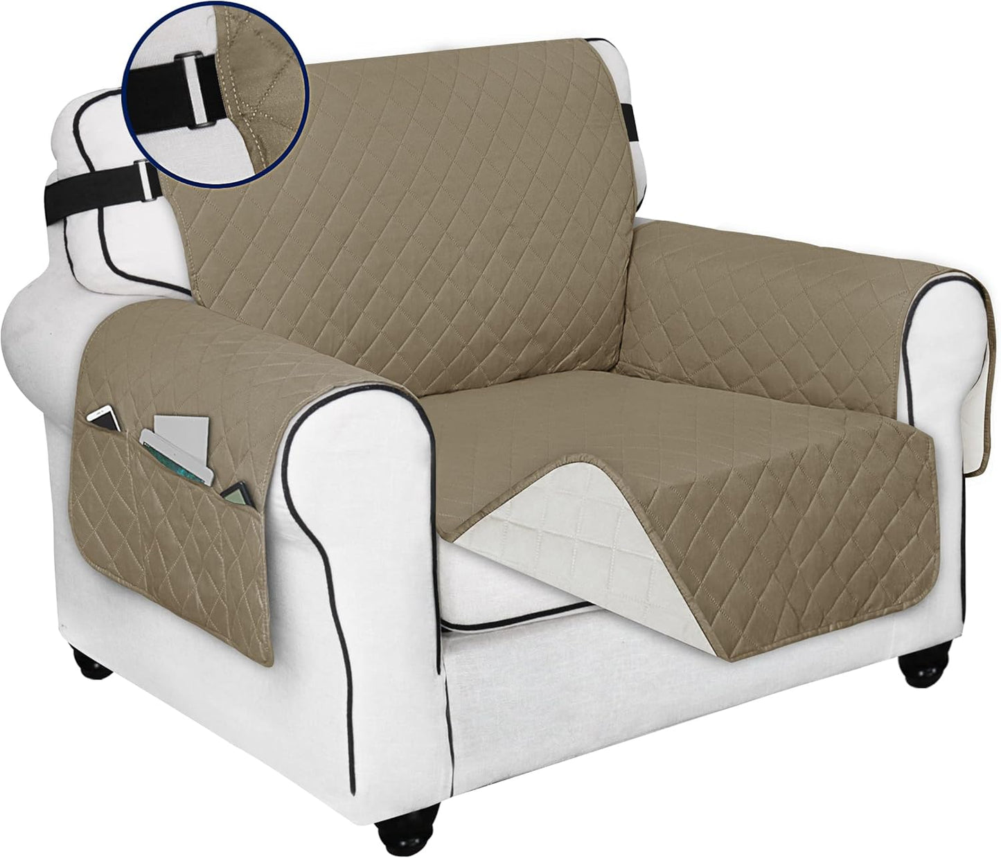 PureFit Reversible Sofa Cover Water Resistant Chair Couch Cover, Machine Washable Furniture Cover with Non-Slip Foam and Adjustable Strap for Dogs, Pets (Chair, Beige/Ivory)