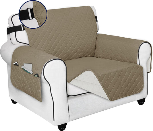 PureFit Reversible Sofa Cover Water Resistant Chair Couch Cover, Machine Washable Furniture Cover with Non-Slip Foam and Adjustable Strap for Dogs, Pets (Chair, Beige/Ivory)