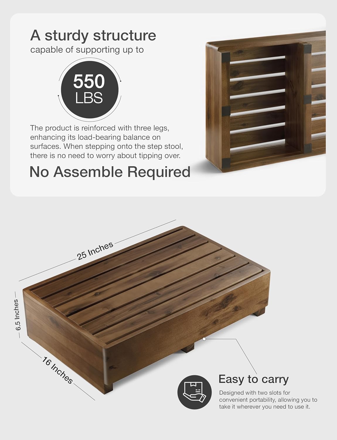 TINAMO 6.5" One Step Stool for Elderly, Walnut Wood High Riser Step Stool for Bed – 550 Lbs Wooden Mobility Stepping Stool for Adults, Kids/Bedside, Bathroom, Kitchen, Garden (Walnut, 6.5" Height)