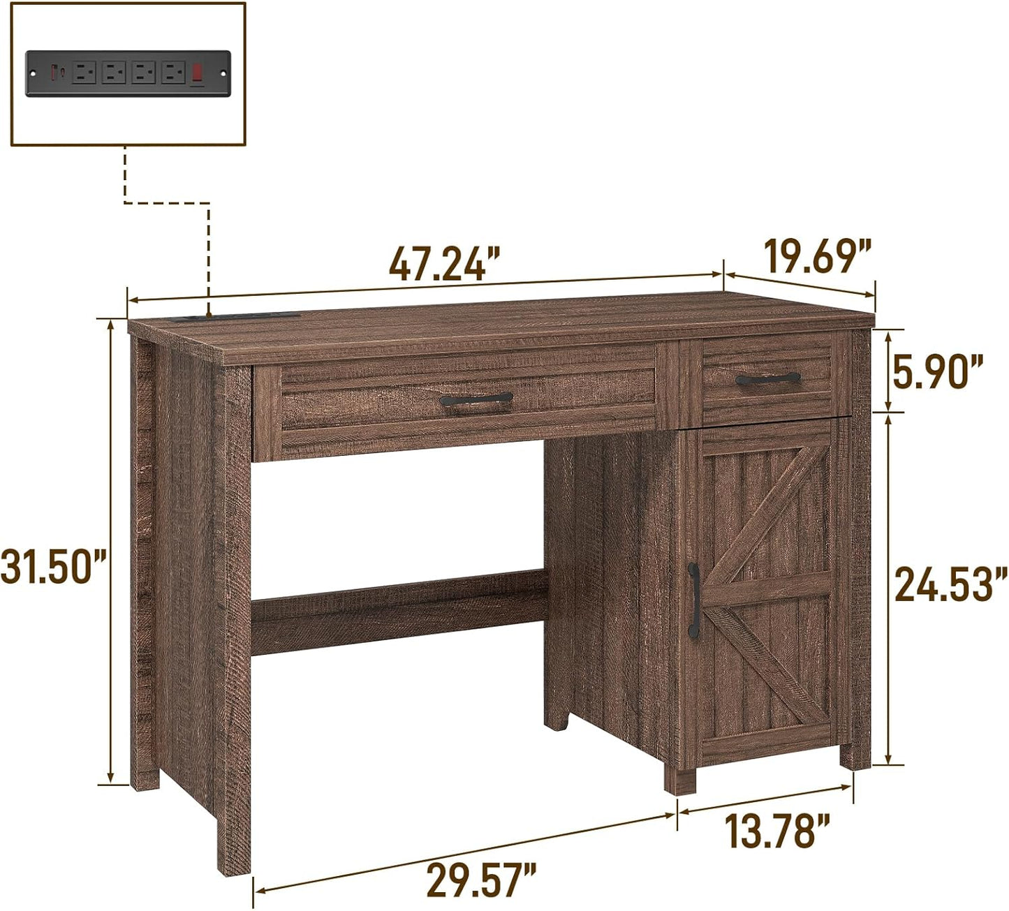 Farmhouse 47" Executive Desk, Computer Desk with Drawers and Storage Cabinet, Workstation Computer Desk for Home Office, Study.Red-Brown