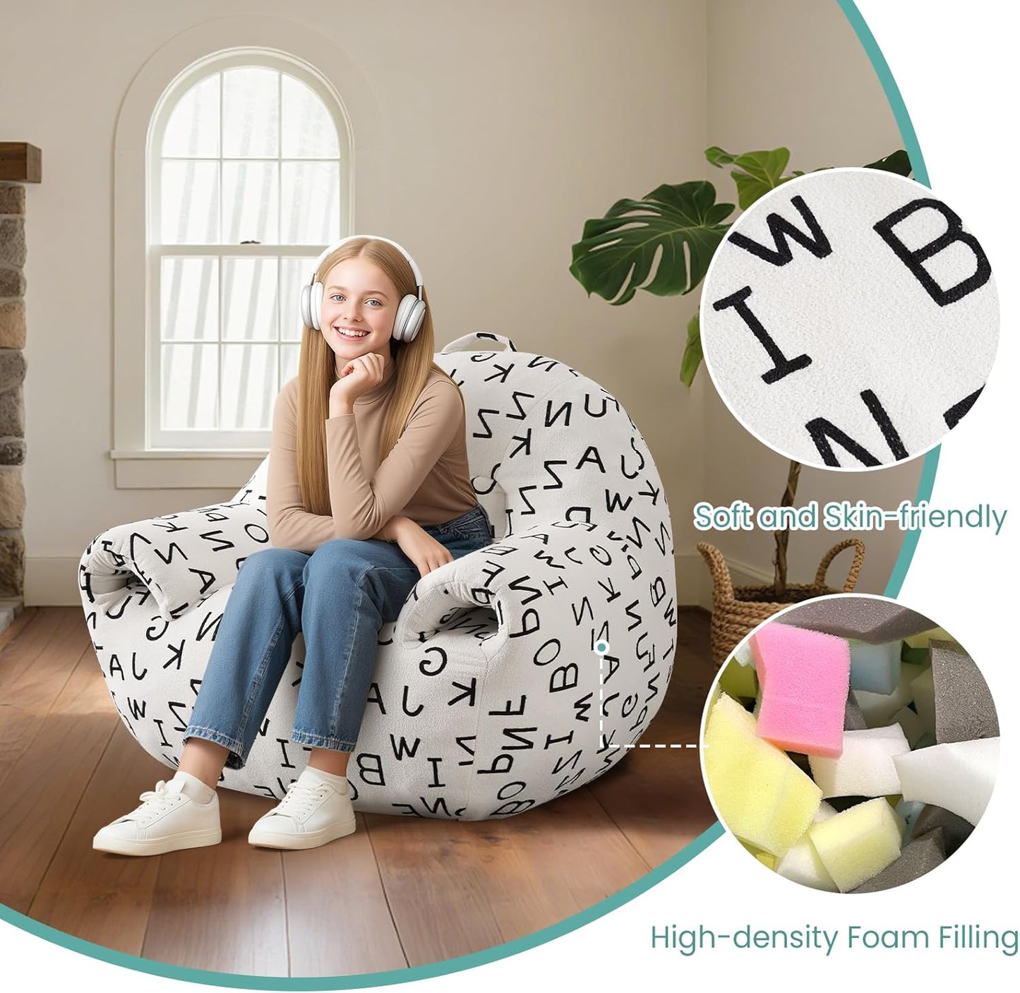 DAICO Bean Bag Chairs for Adults Comfy Bean Bag Sofa Chair with Armrests Single Lazy Floor Sofas Accent Chair with Foam for Living Room Bedroom Reading Gaming Office (Letter White)