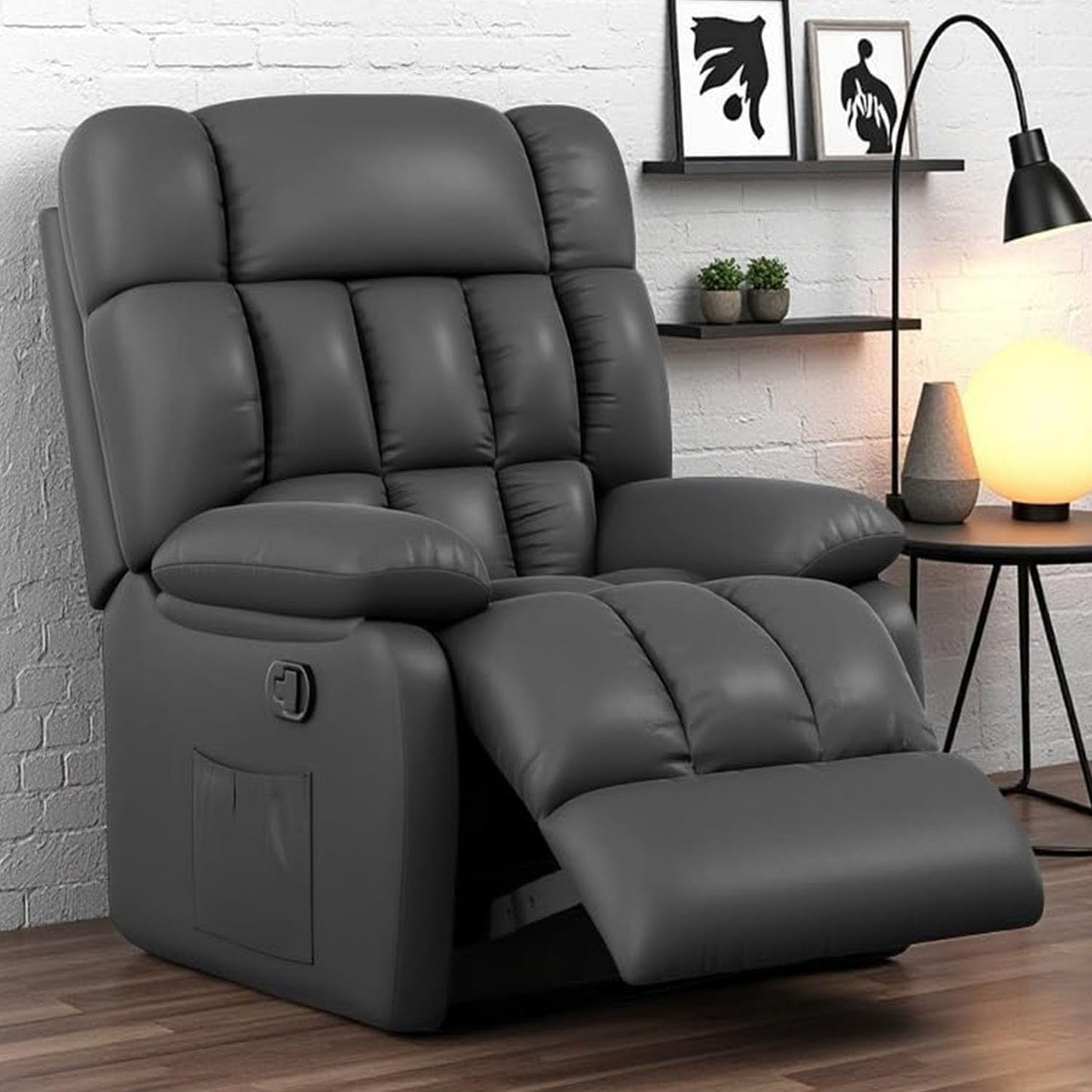 Oversized Recliner Chair, Leather Adjustable Recliner with Side Pockets, Living Room Reclining Lounge Chair for Adults, Small Spaces Comfy Sofa with Theater Seating for Bedroom, Black