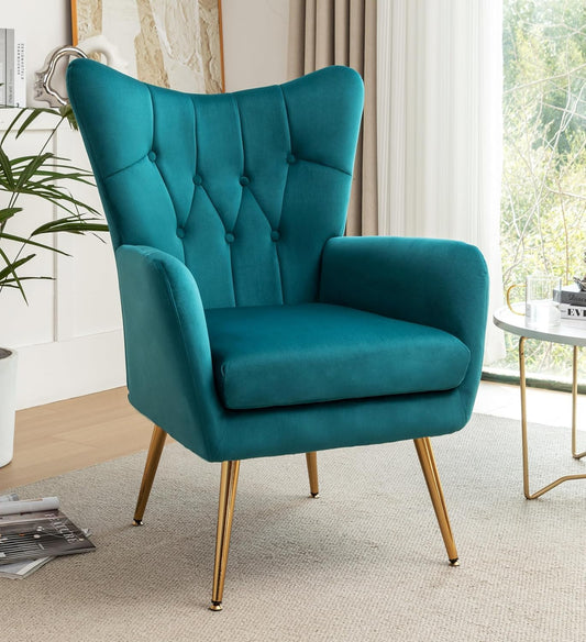 Container Furniture Direct Modern Chic Mid-Century Velvet Accent Armchair for Living Room, Bedroom, or Home Office, Button-Tufted Wingback Design with Gold Flared Legs, Dark Teal