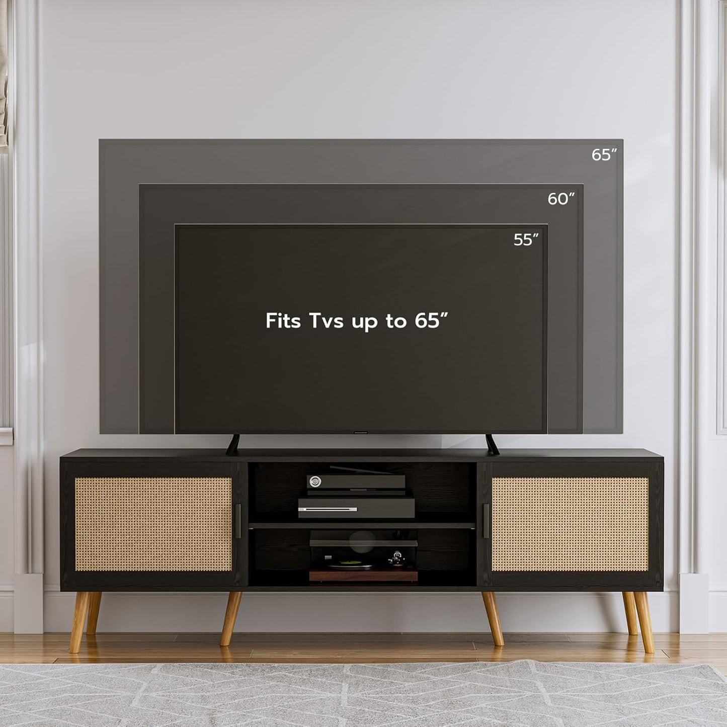 TV Stand for TVs up to 65'', Entertainment Center with Rattan Door, Shelves & 2 Cabinets, Boho Media TV Console for Living Room, Bedroom, Black