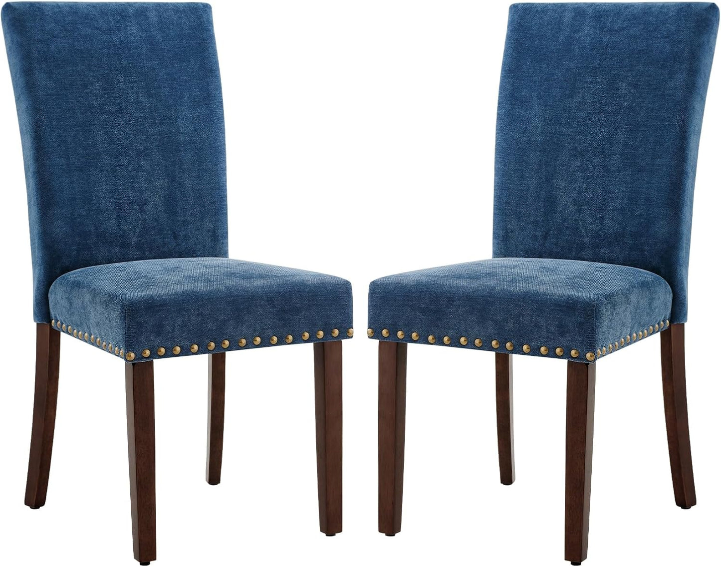 COLAMY Upholstered Parsons Dining Chairs Set of 4, Fabric Dining Room Kitchen Side Chair with Nailhead Trim and Wood Legs - Dark Blue