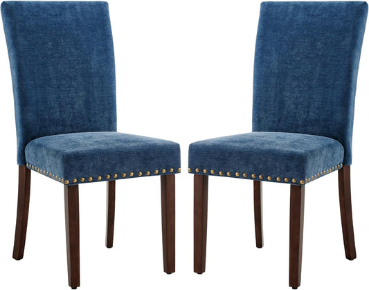 COLAMY Upholstered Parsons Dining Chairs Set of 4, Fabric Dining Room Kitchen Side Chair with Nailhead Trim and Wood Legs - Dark Blue