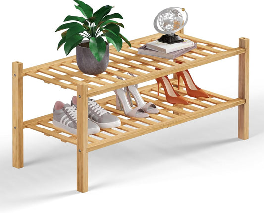 Haddockway 2 Tier Bamboo Shoe Rack Storage Organizer, Multifunctional Free Standing Stackable Shoe Shelf with Grid Panel for Closet,Hallway,Entryway,Small Space 27"x11"x13" (Natural, 2 Tier)