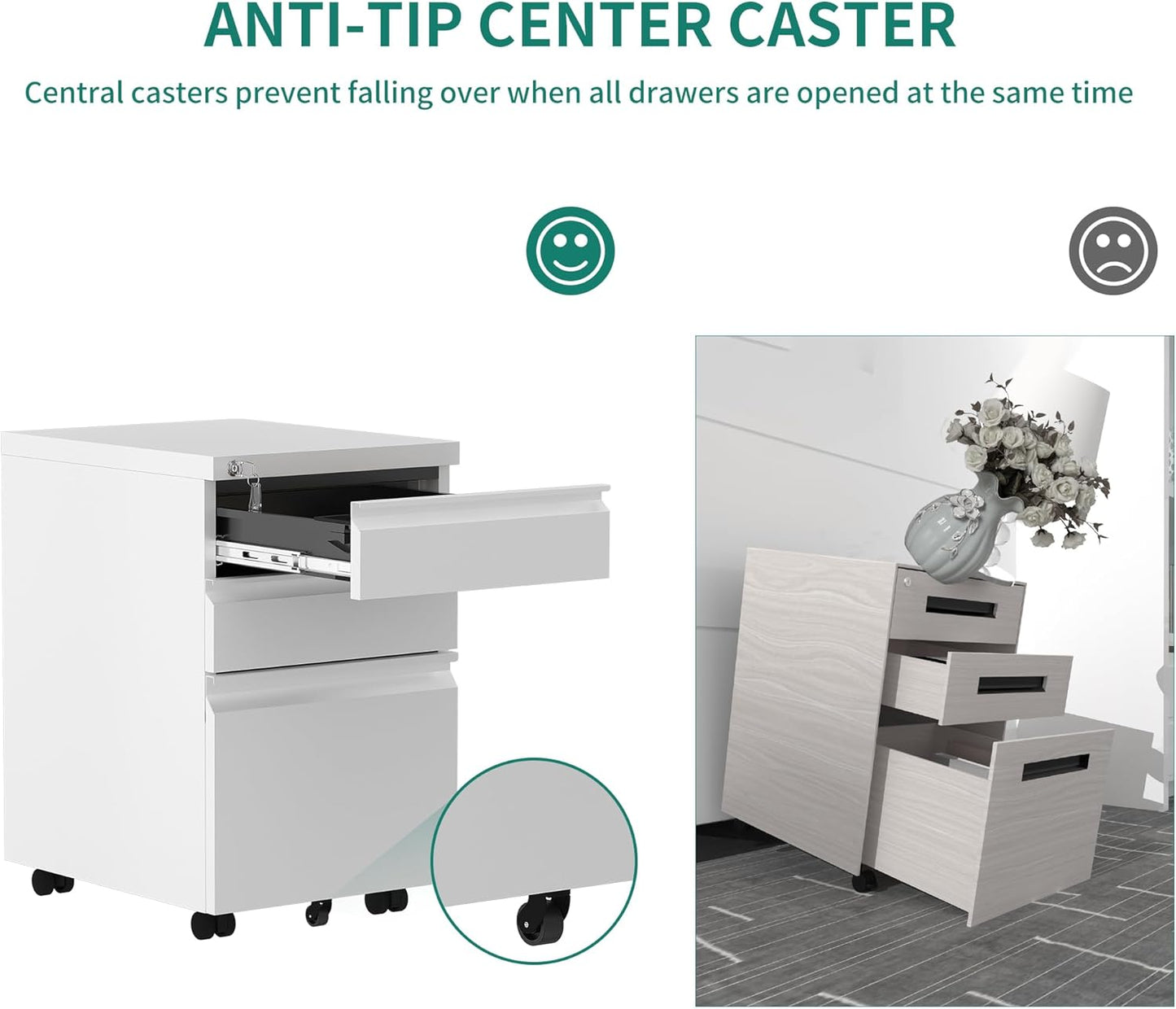 YITAHOME 3-Drawer Mobile File Cabinet with Lock, Office Storage Filing Cabinet for Legal/Letter Size, Pre-Assembled Metal File Cabinet Except Wheels Under Desk -White