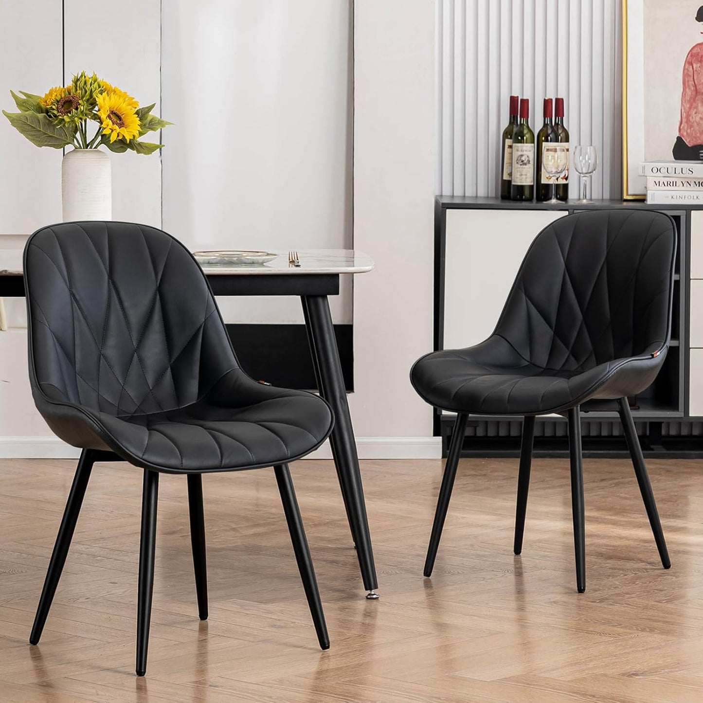Rowill Black Dining Chairs Set of 2 - Upholstered Faux Leather Kitchen Chairs with Soft Cushion Backrest, Sturdy Metal Legs & Non-Slip Pads, Perfect Modern Design for Home Dining Room, Kitchen
