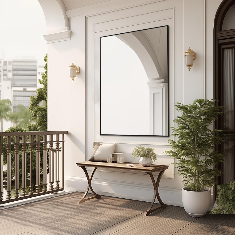 Bathroom Mirror 26"x38" Wall Rectangle Mirror Black Vanity Square Frosted Metal Frame Anti-Rust Tempered Glass Hangs Mirror for Bathroom Bedroom Entryway Living Room Decorative