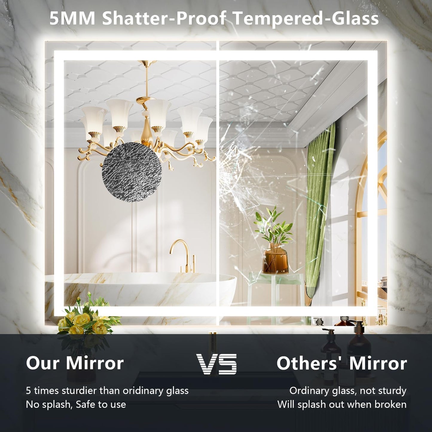 51x40 Inch LED Bathroom Mirror with Lights Front and Backlit Lighted Vanity Mirror for Bathroom Wall with 3 Colors Dimmable Anti-Fog Memory Shatter-Proof IP54 Waterproof Horizontal/Vertical