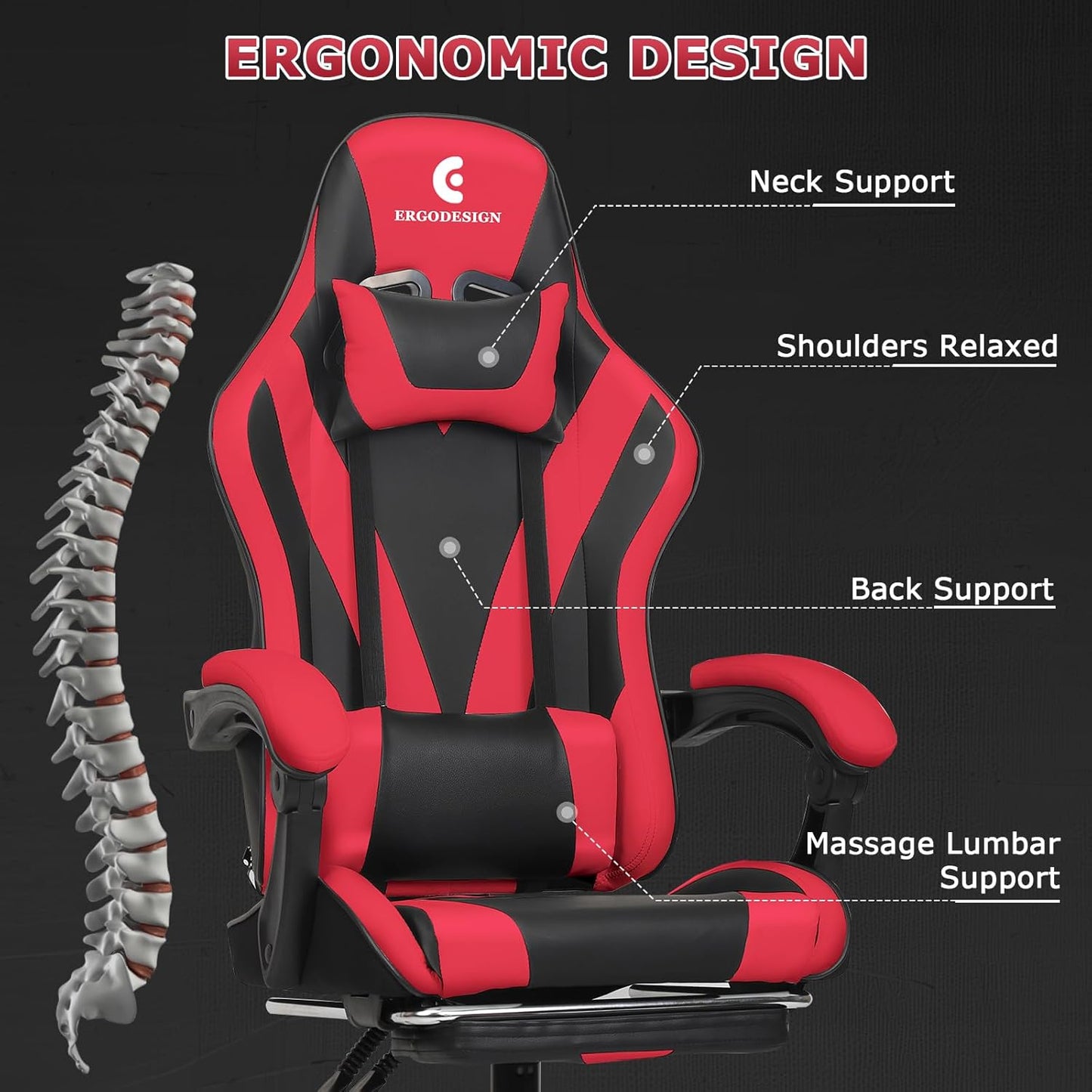 Gaming Chair with Linkage Armrest & Footrest, High Back Video Gaming Chair, Black/Red