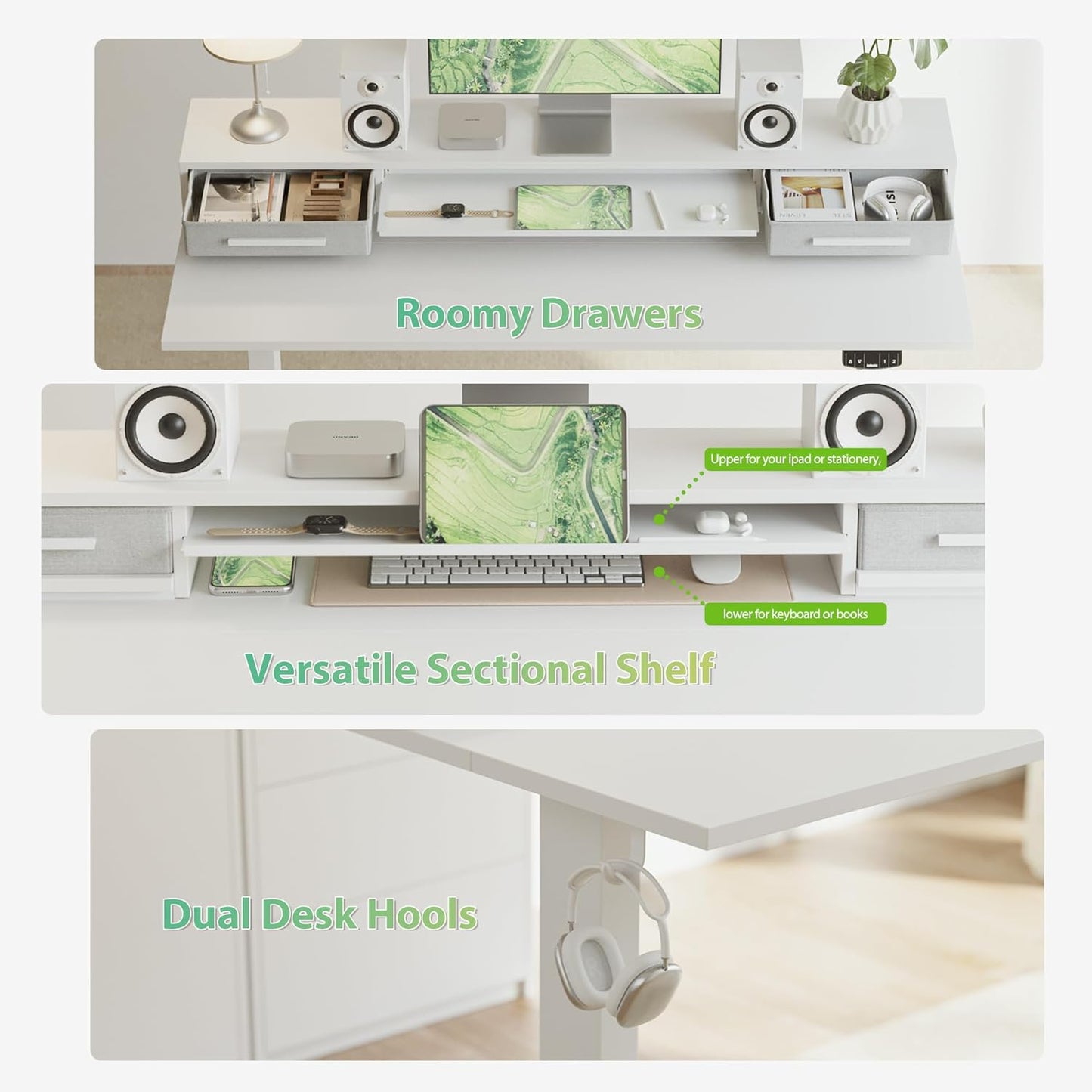 Agilestic 48 Inch Electric Standing Desk with Drawers, Adjustable Desk with Storage Shelf, Stand Up Home Office Computer Table, Splice Board, White