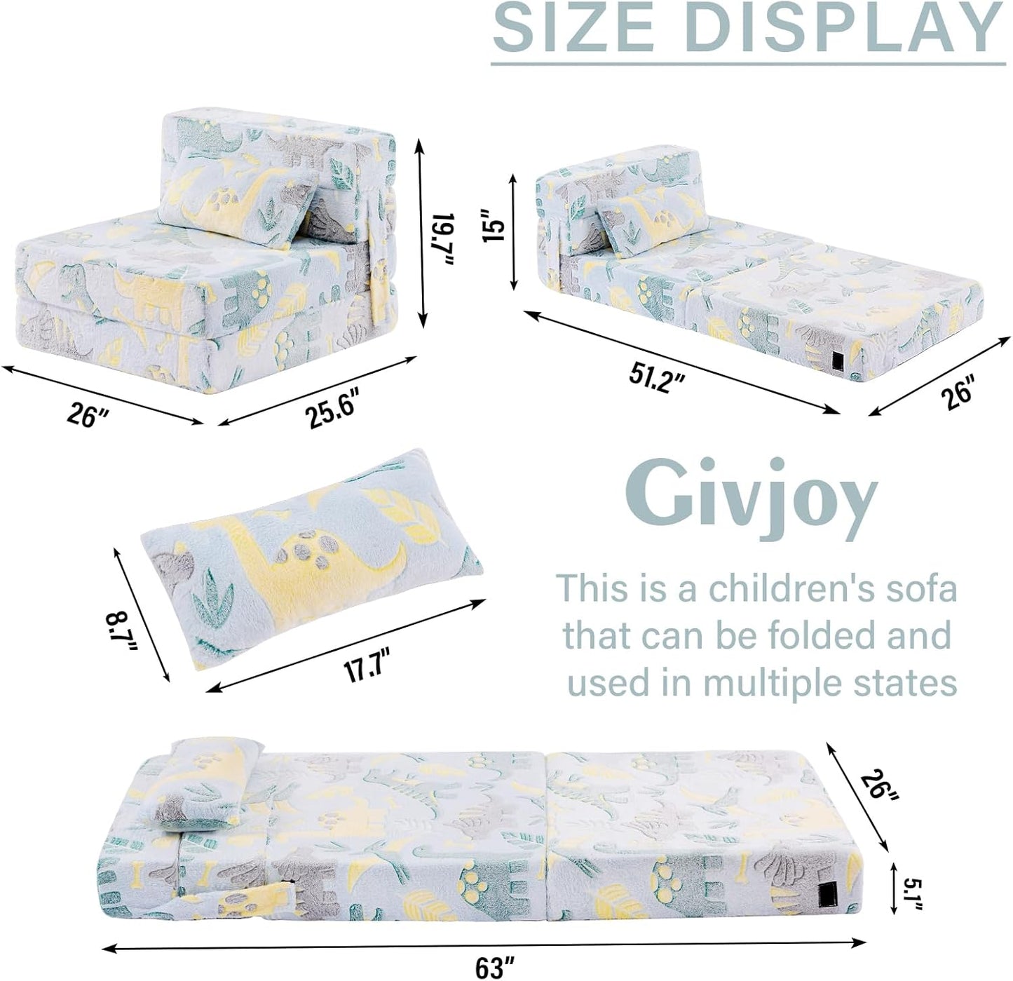 Folding Sofa Bed Floor Mattress for Kids With Pillow, Toddler Glow Washable Nap Mat for Sleeping, Child Fold Up Futon Chair Bed With Storage Bag for Girls Boys