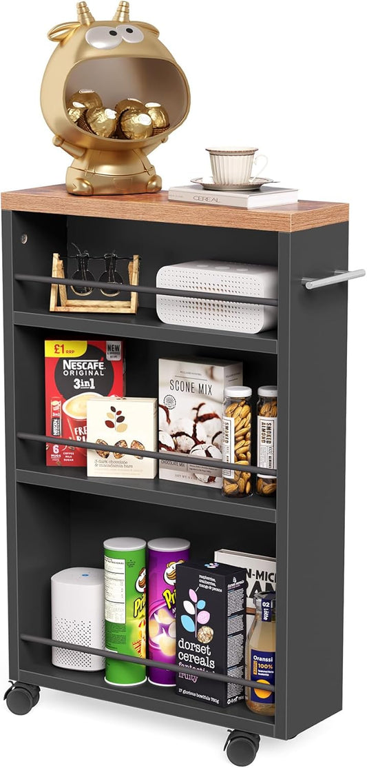 LITTLE TREE Slim Rolling Storage Cart, 3 Tier Snack Cart with Wheels for Kitchen, 6.3 Inch Wide Bathroom Organizer Shelves, Wooden Utility Cart for Laundry Room, Black