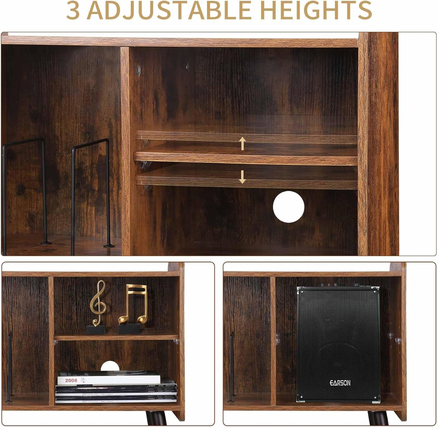 Record Player Stand with Vinyl Record Storage, Mid-Century Turntable Stand for Living Room Bedroom Office, Record Player Table, Vinyl Holder Holds up to 100 Albums, Rustic Brown