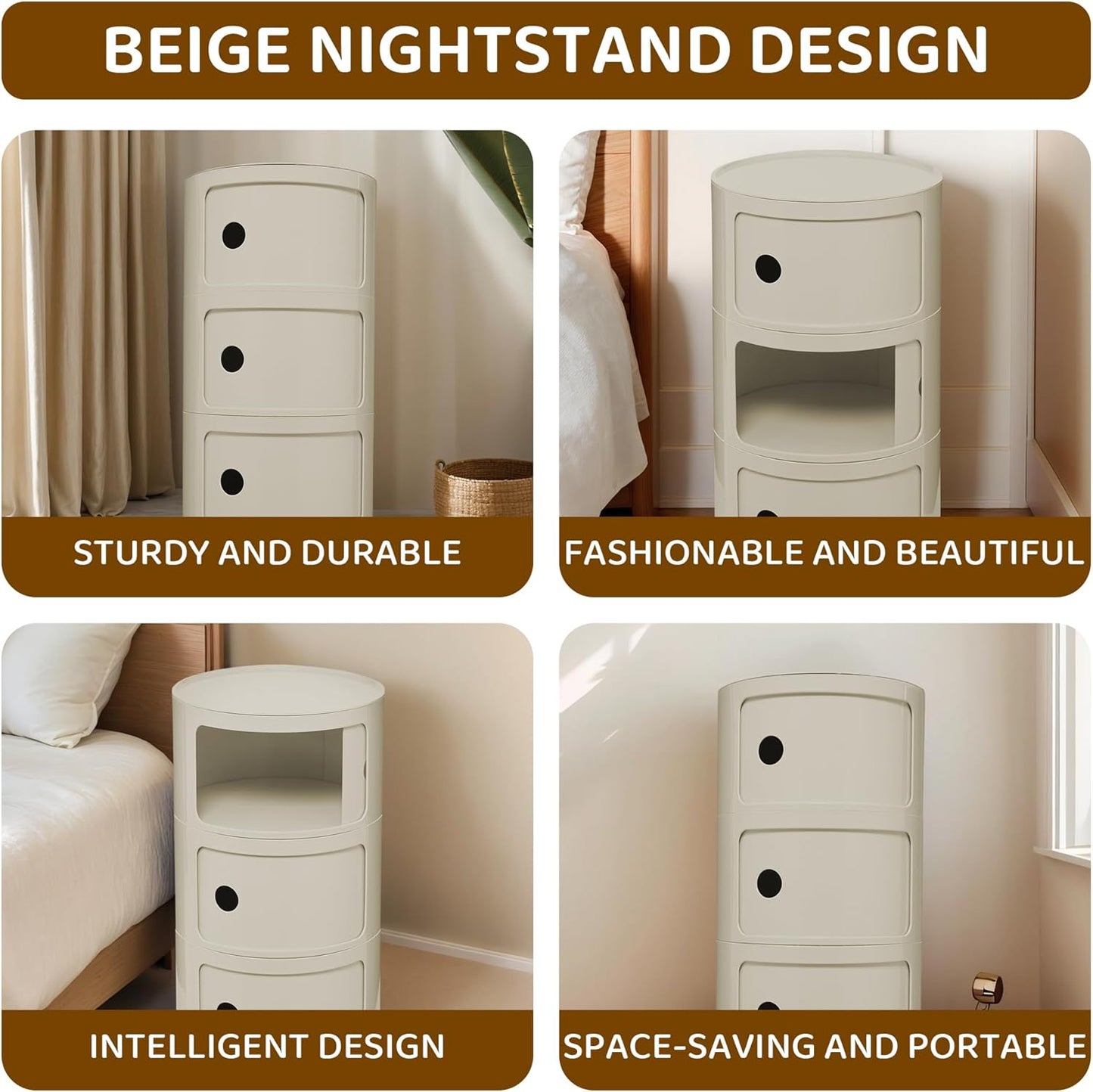 3 Tier Round with Storage, Modern Style Side Table, Multifunctional End Table Storage Cabinet for Living Room, Bedroom, Bathroom (Beige)