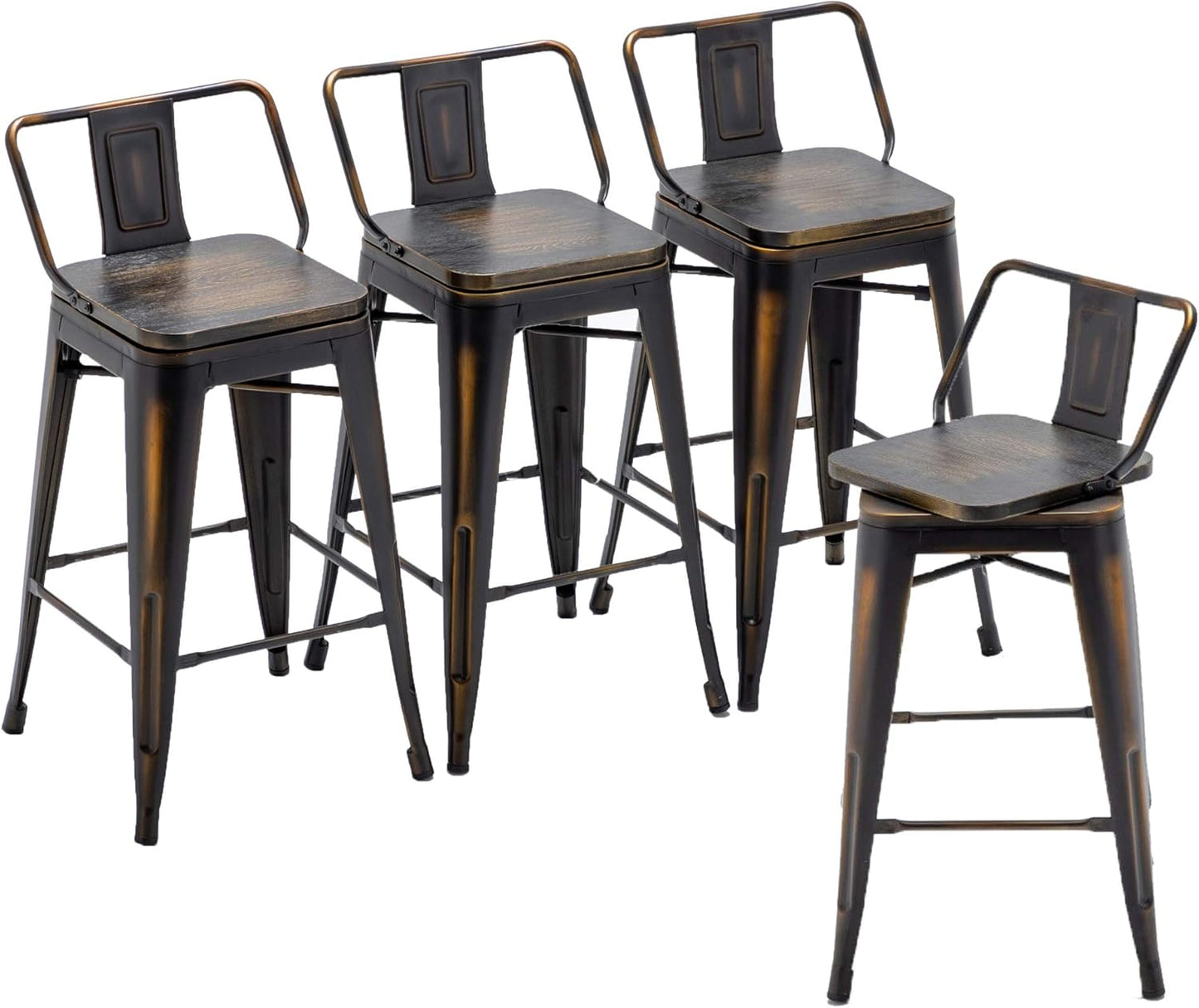 30 Inch Swivel Bar Stools Set of 4 with Backs Counter Height Industrial Metal Barstools Island Bar Chairs for Home Kitchen Dining Room (Swivel 30 inch, Distressed Gold Wooden)