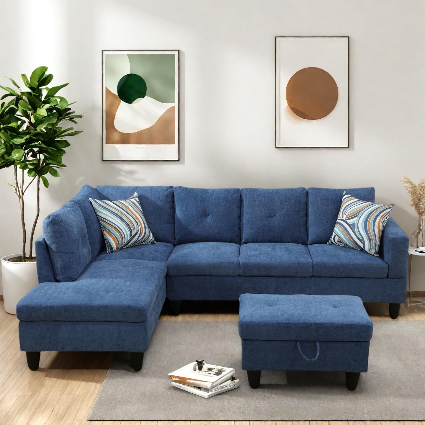 Modern Living Room Furniture Sets with Pillows, Modular Sectional Couches with Chaise Lounge, 4-Seaters L Shape Sofa with Storage Ottoman, for Living Room, Blue