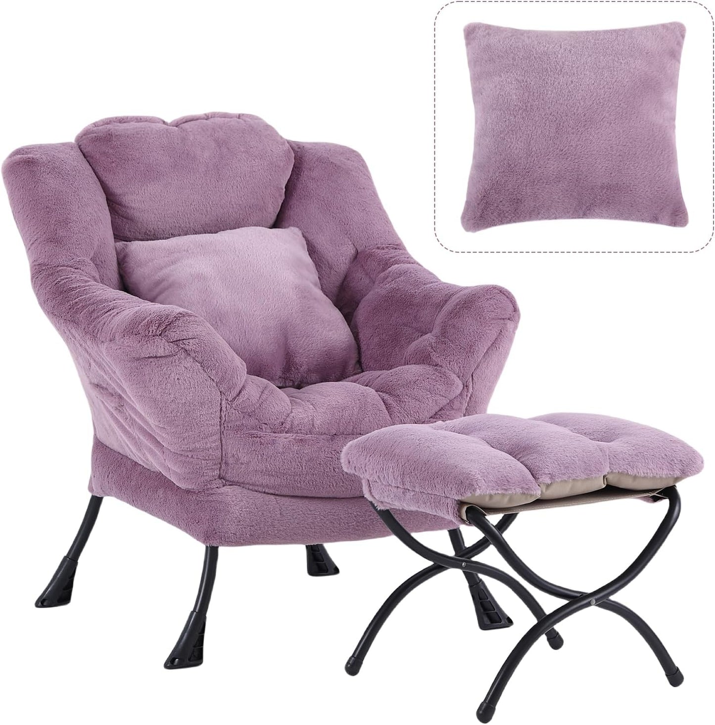 Lazy Chair with Ottoman, Reading Chair with a Pillow, Leisure Sofa Armchair with Ottoman, Large Accent Lounge Chair for Bedroom, Living Room, Dorm Room, Plush Purple