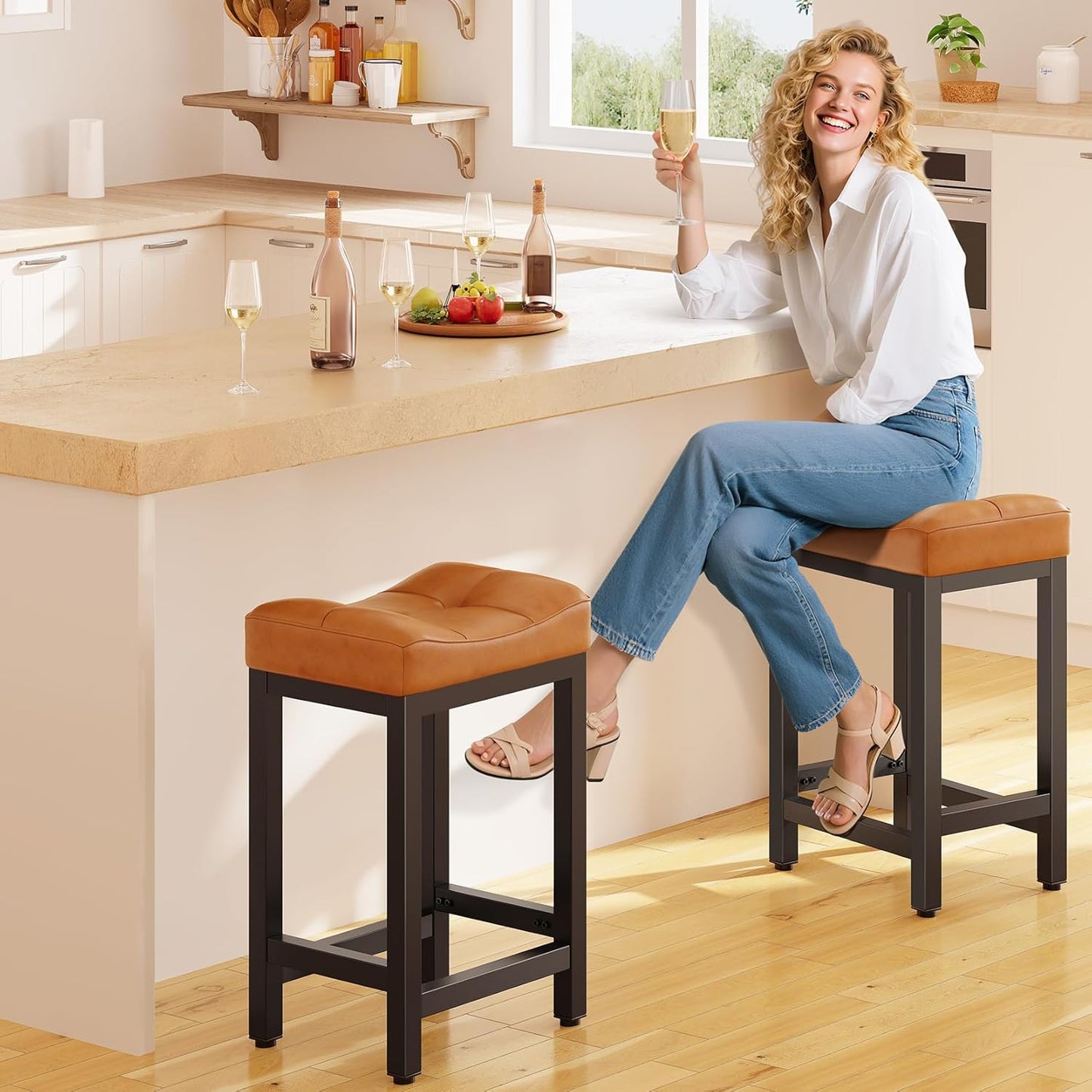 Dripex Backless Saddle Bar Stools Set of 3, Modern Faux Leather 24'' Counter Height Barstools with 4" Thick Seats & Heavy Duty Metal Legs, for Kitchen Island, Bar, Dining Room, Brown