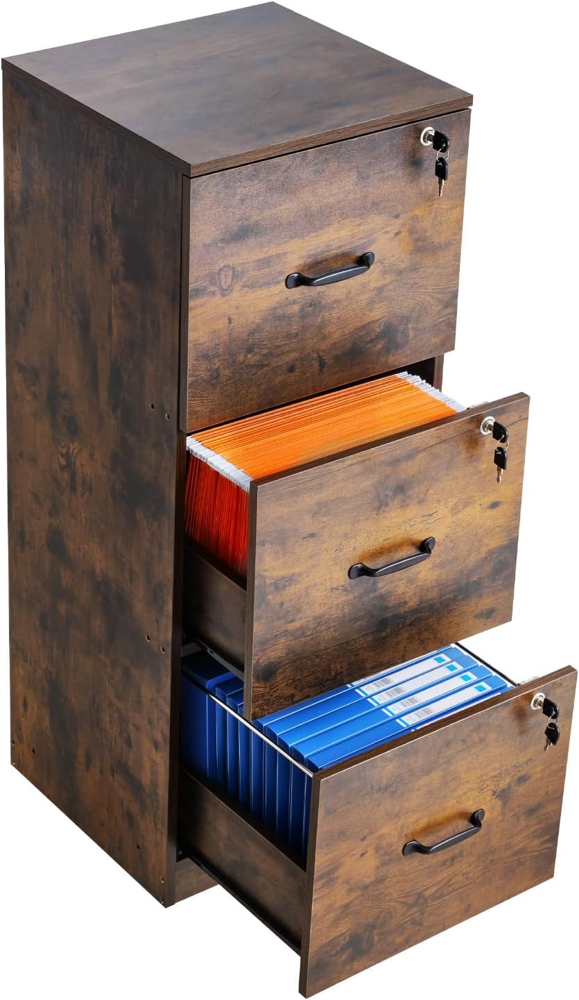 VEVOR 3 Drawer File Cabinet with Lock, Vertical Filing Storage Cabinets for Home Office, Heavy-Duty Locking Cabinet with 2-Level Adjustable Hanging Rod for A4/Letter/Legal Size File, Easy Assembly