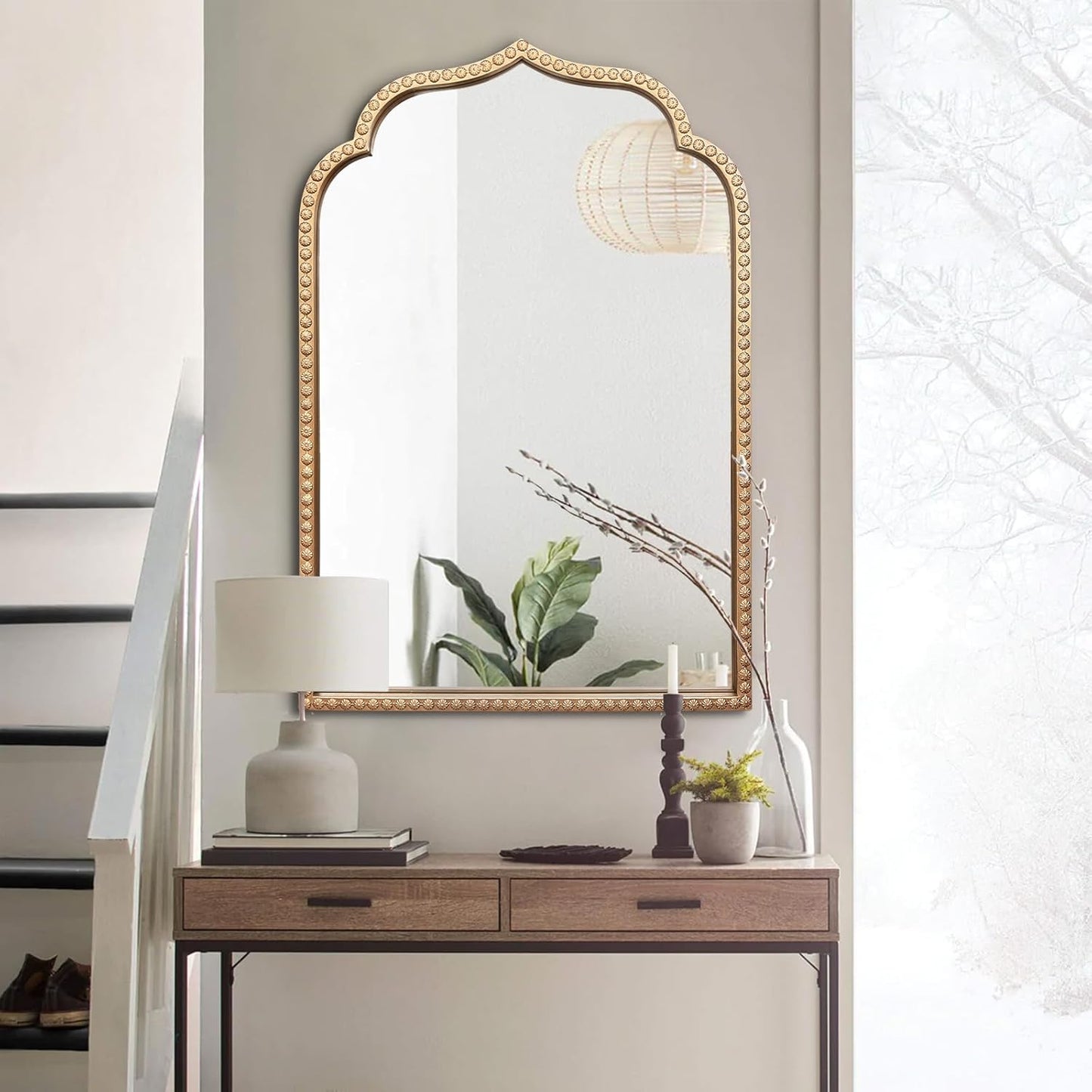 Gold Arch Mirror, 24"x36" Arched Vanity Mirrors for Bathroom, Metal Beaded Frame Ornate Decorative Mirror, Scalloped Vintage Mirrors for Fireplace Bedroom Living Room Hallway Entryway