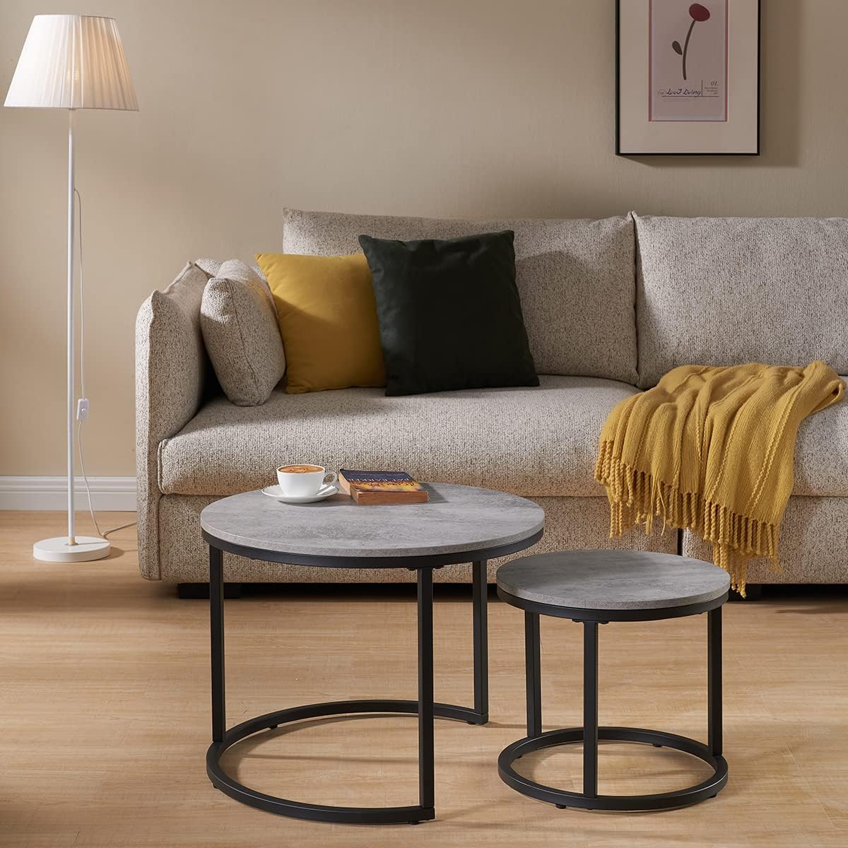 CENSI 24" Round Nesting Table, Accent Coffee Table, Grey Faux Concrete Wood Finish, Space-Saving, Modern Industrial Style