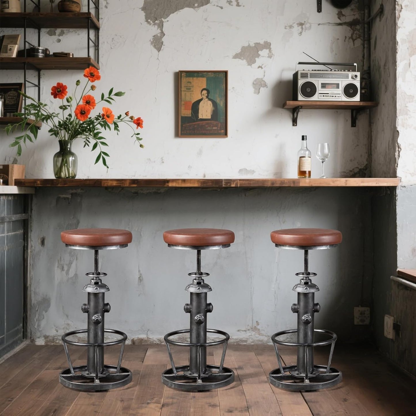 Topower Antique Industrial Round Bottom Adjustable Height Cafe Coffee Retro Vintage Stylish Water Pipe Design Pub Kitchen Bar Stool (Silver, PU Leather Top)