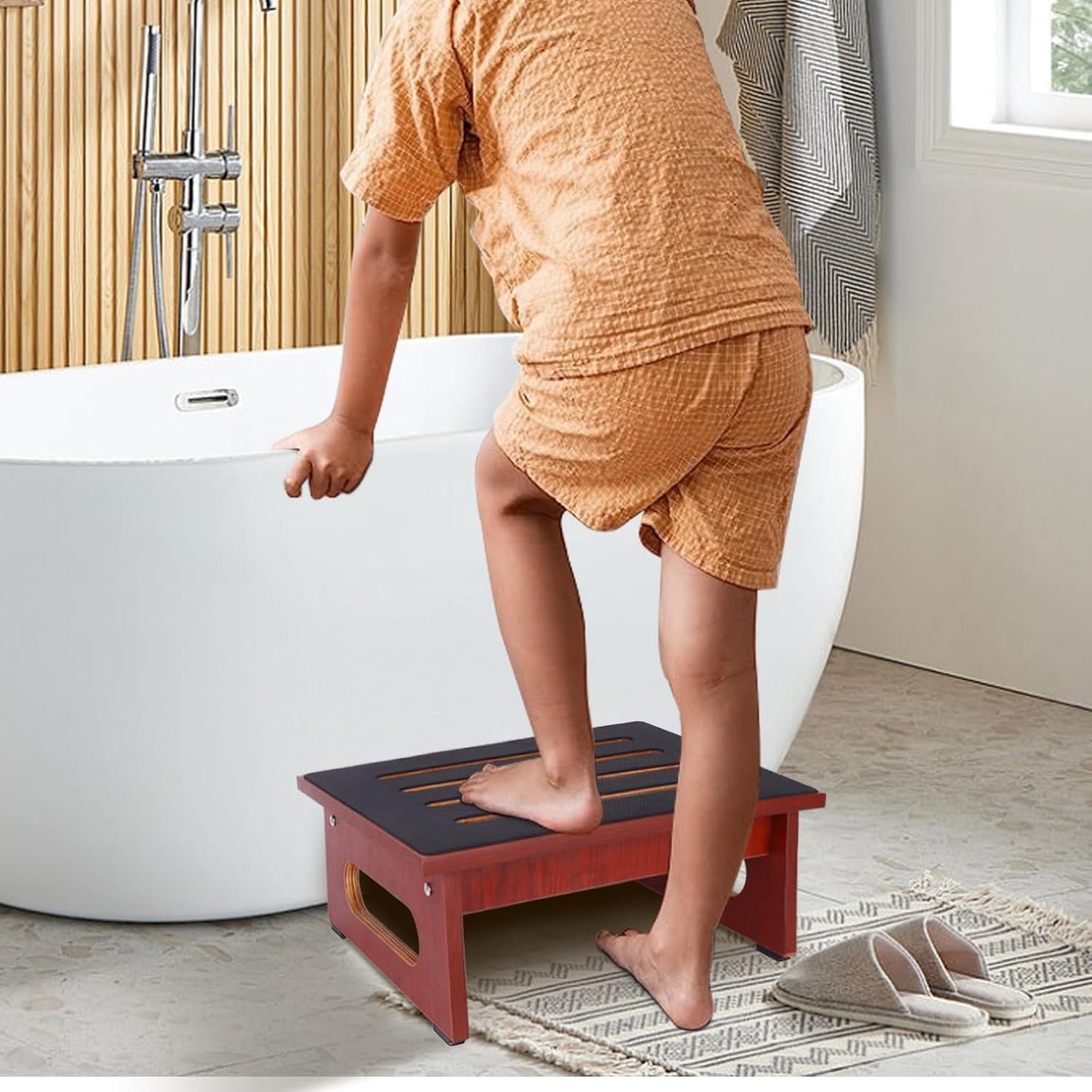 One Step Stool for Adults Seniors with Non-Slip Rubber Step Surface, 6.9" Heavy Duty Wood Stepping Stool with 450 LB Capacity Bed Steps for High Beds, Bathroom, Bedroom, Kitchen & Kids Bedside Support