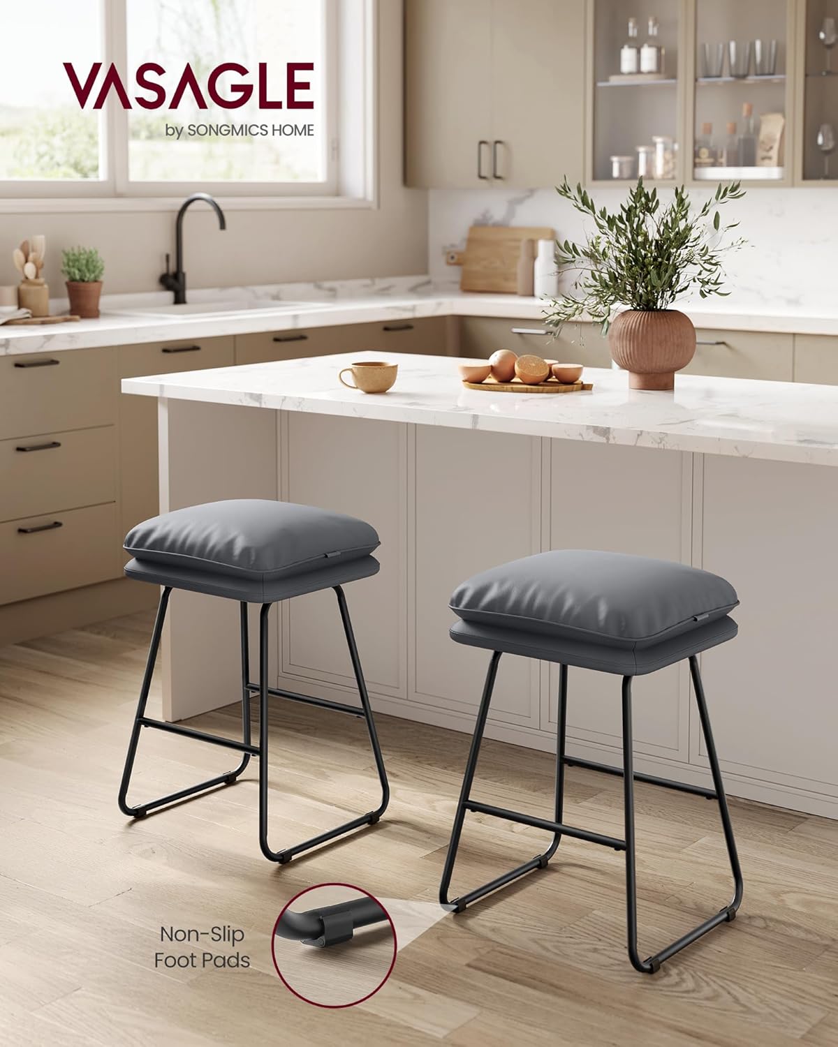VASAGLE Bar Stools Set of 2, Counter Height Bar Stools, Leather Counter Stools Barstools with Soft Cushion and Metal Sled Legs, 25.6 Inches Bar Height Bar Chairs for Kitchen Island, Slate Gray