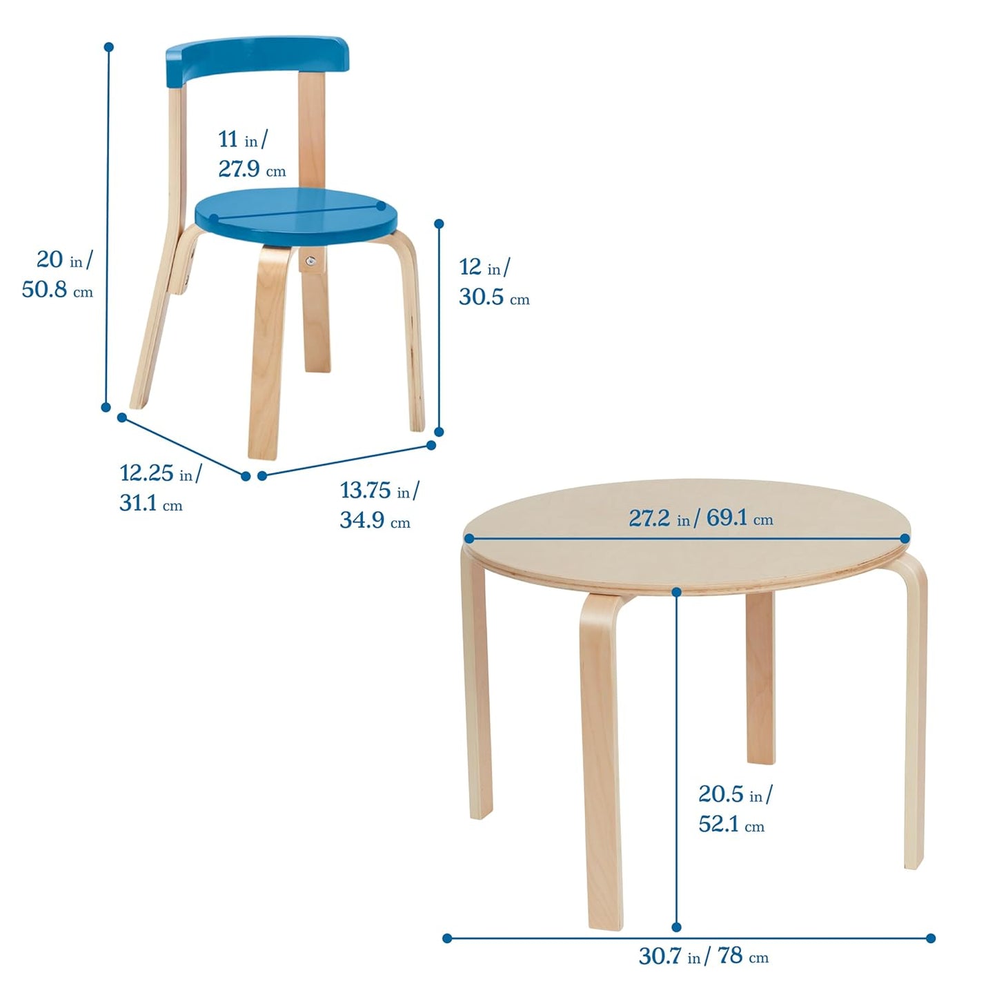 ECR4Kids Bentwood Round Table and Curved Back Chair Set, Kids Furniture, Contemporary, 5-Piece