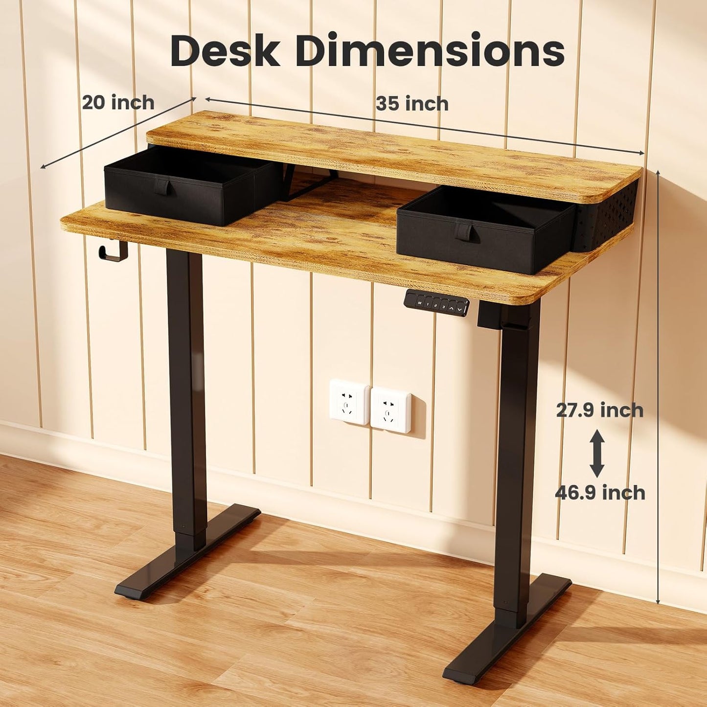 Small Standing Desk With Drawers and Brushless Motor,Electric Sit Stand Desk for Walking Pad,Ergonomic Stand Up Desk for Home Office & Gaming,3 Memory Height Preset & Hooks(35" x 20", Rustic Brown）