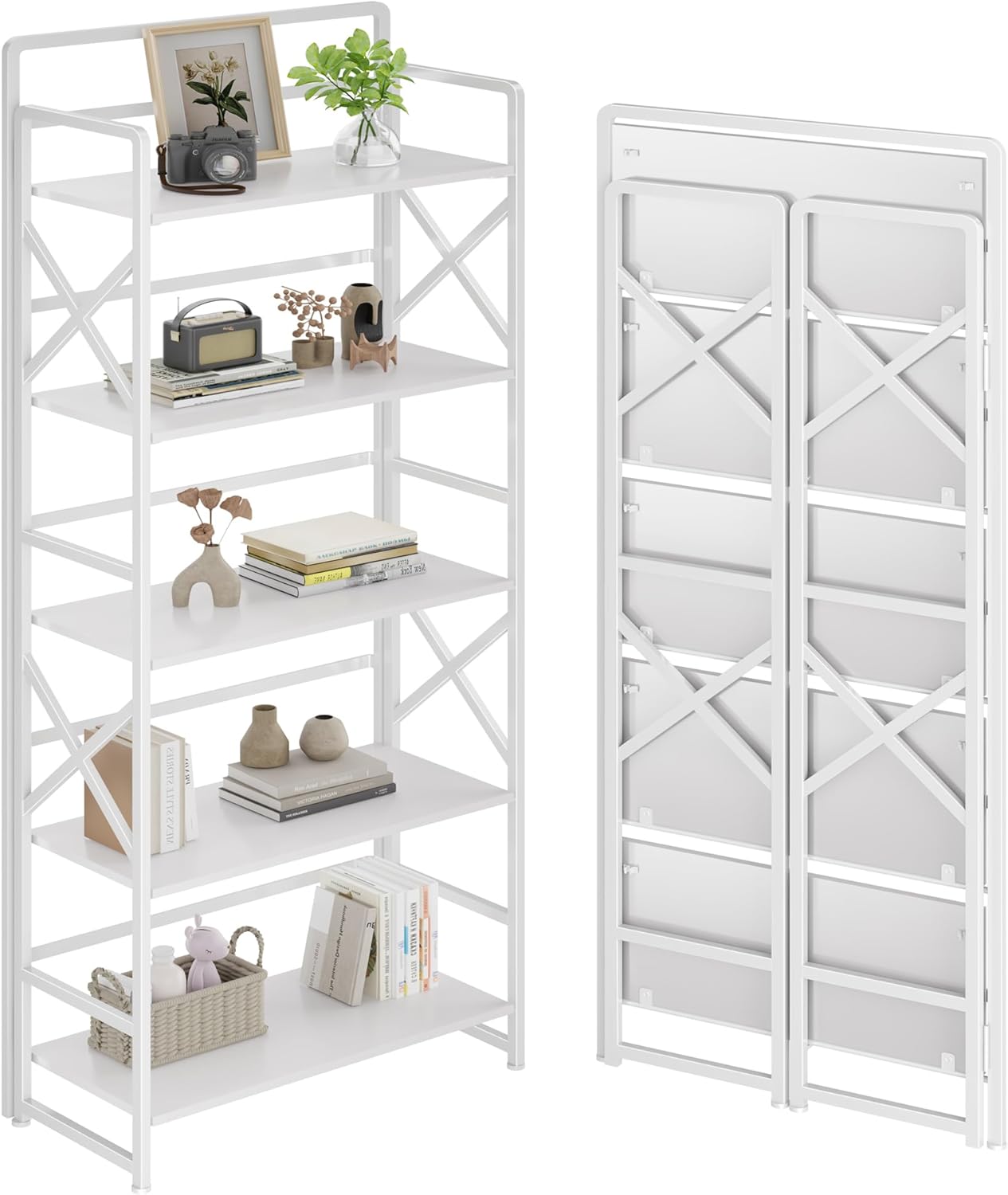 No Assembly Folding Bookshelf, 5 Tiers Vintage Wood Collapsible Book Shelf for Storage,Industrial Metal Foldable Bookcase Organizer for Living Room Bedroom Home Office (White)
