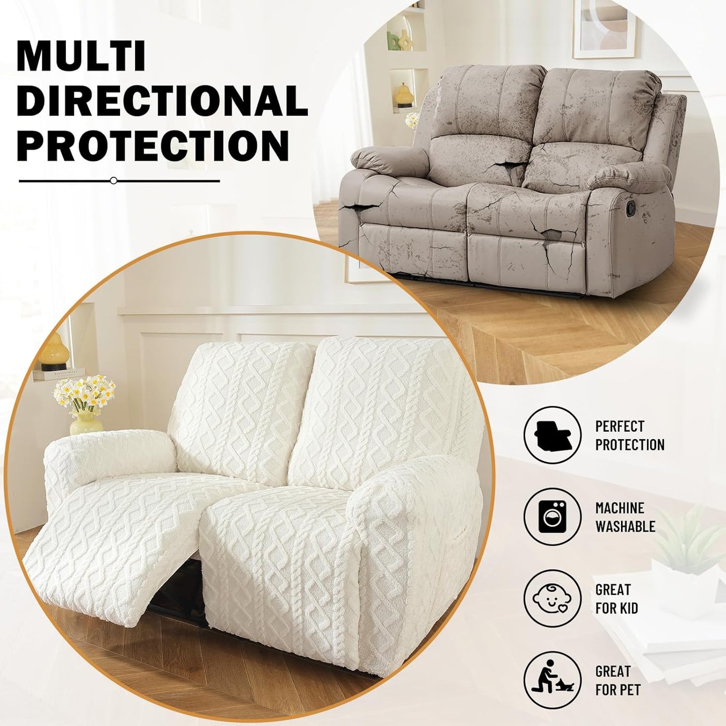 vctops 6 Pieces Geometric Jacquard Plush Recliner Loveseat Slipcovers Soft Fuzzy Fluffy Sofa Couch Cover Anti-Slip Furniture Protector with Elastic Bottom for Kids Cats Dogs(Cream,2 Seat)