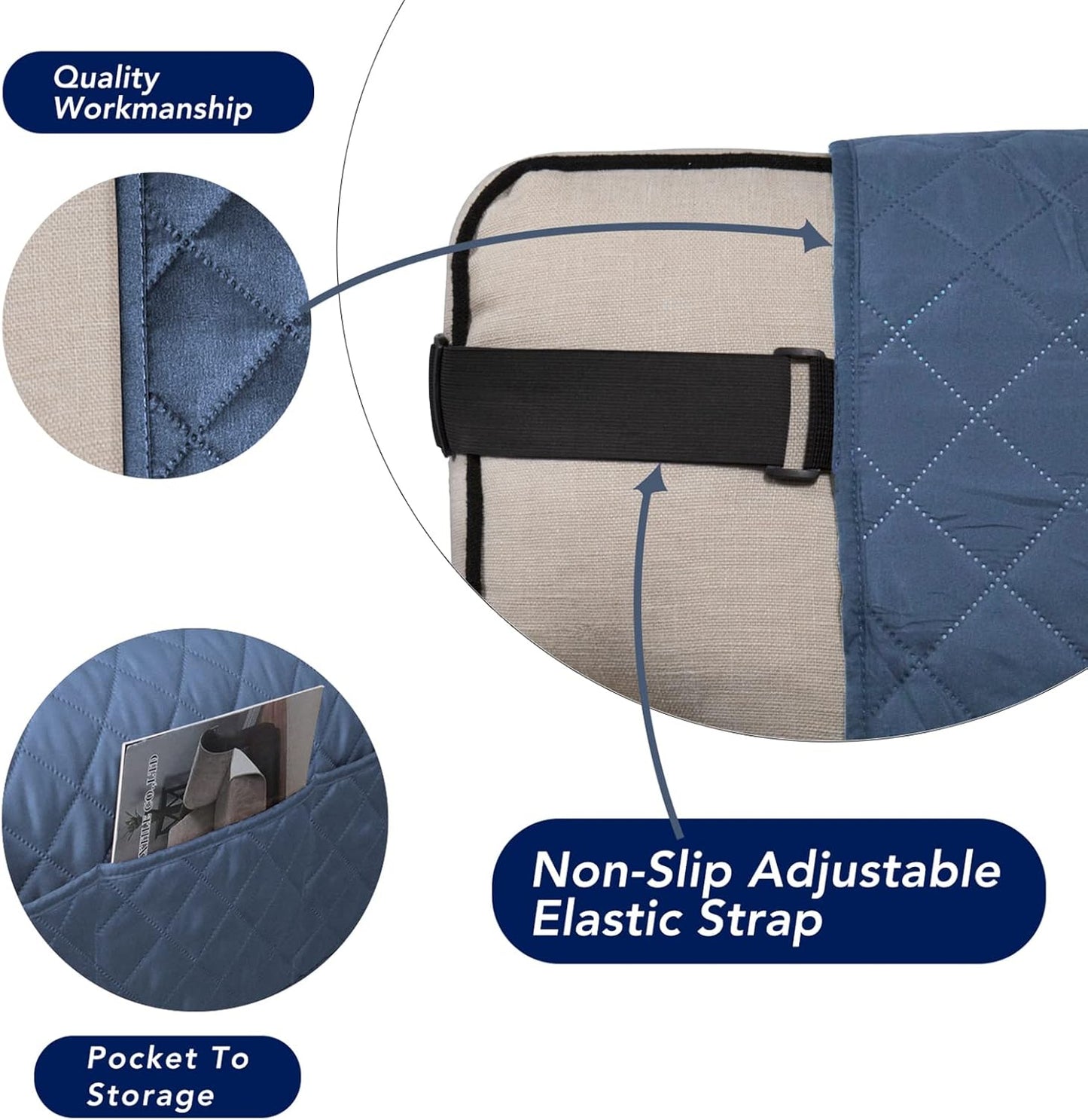 PureFit Reversible Sofa Cover Water Resistant Loveseat Couch Cover, Machine Washable Furniture Cover with Non-Slip Foam and Adjustable Strap for Dogs, Pets (Loveseat, Dark Blue/Light Blue)