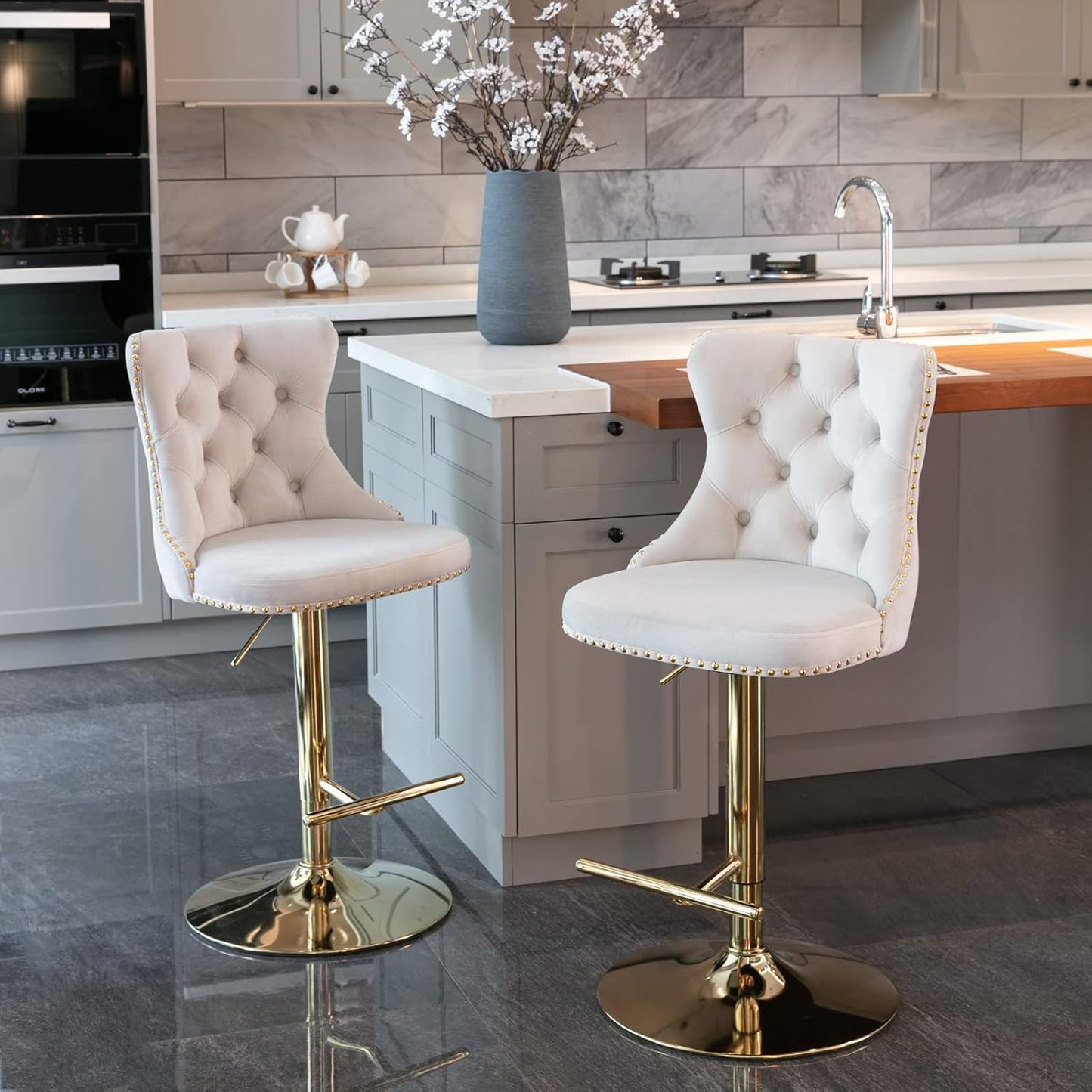PacknWood Acosure Golden Swivel Velvet Barstools Adjusatble Seat Height from 25-33" with Comfortable Tufted,Modern Upholstered Chrome Base Bar Chairs,for Home Pub Kitchen,Beige,Set of 2
