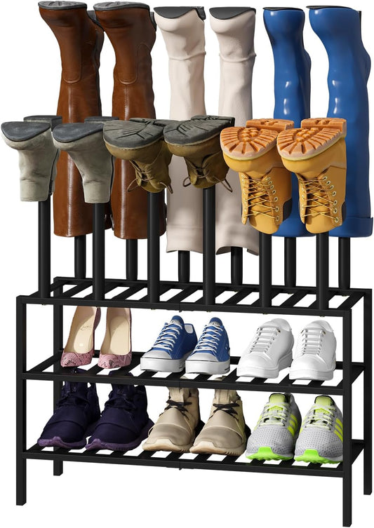 Black Boot Rack, Boot Rack Organizer Tall Boots with Shoe Rack for Closet, Bamboo Wood Shoe Shelf Storage Organizer for Entryway Small Space