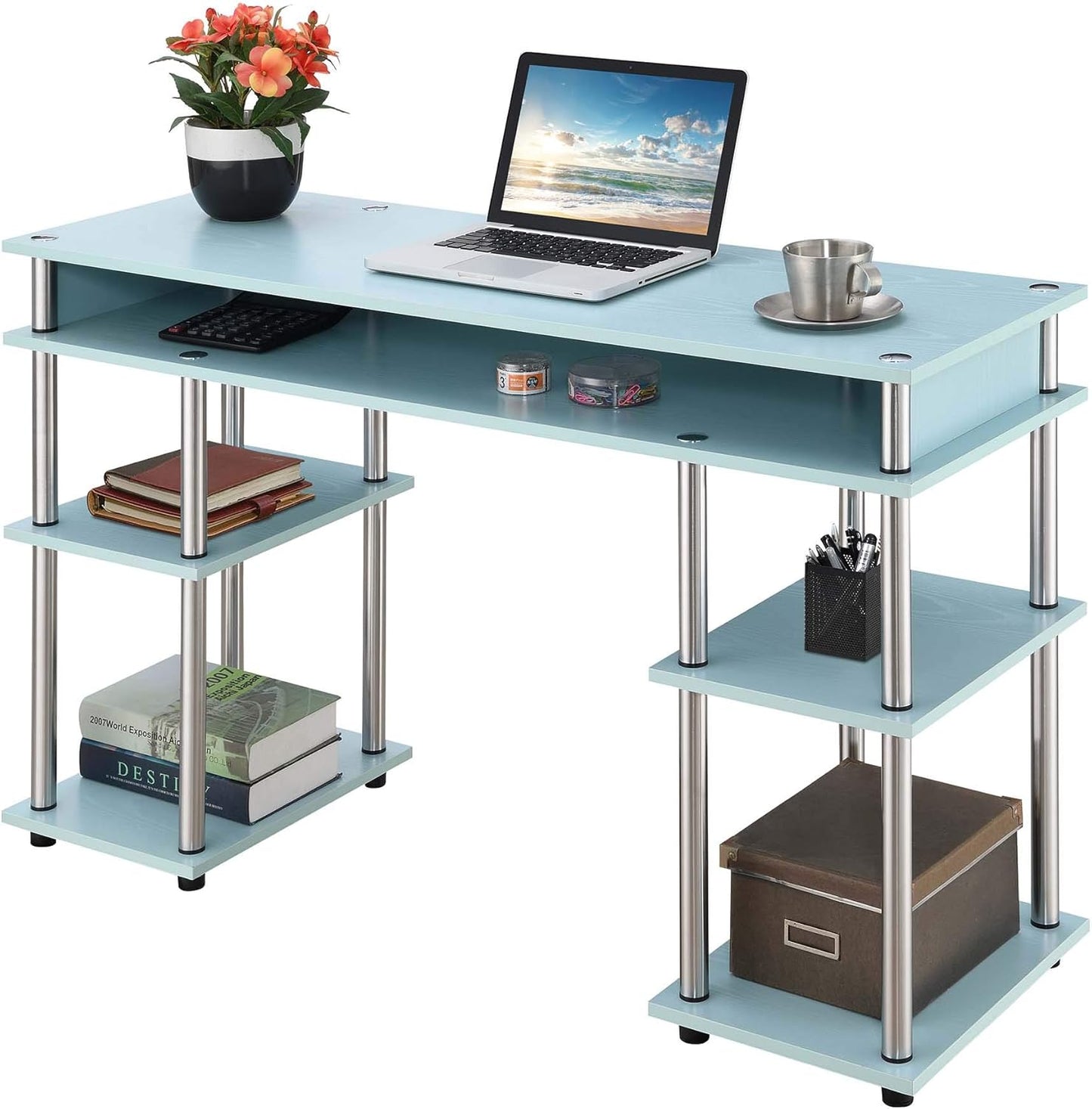 Convenience Concepts Designs2Go No Tools Desk Home Office Desk with Shelves, Corner Shelf Vanity Desk Computer Desk Nail Table for Nail Tech - 47.25" L x 15.75" W x 30" H, Sea Foam
