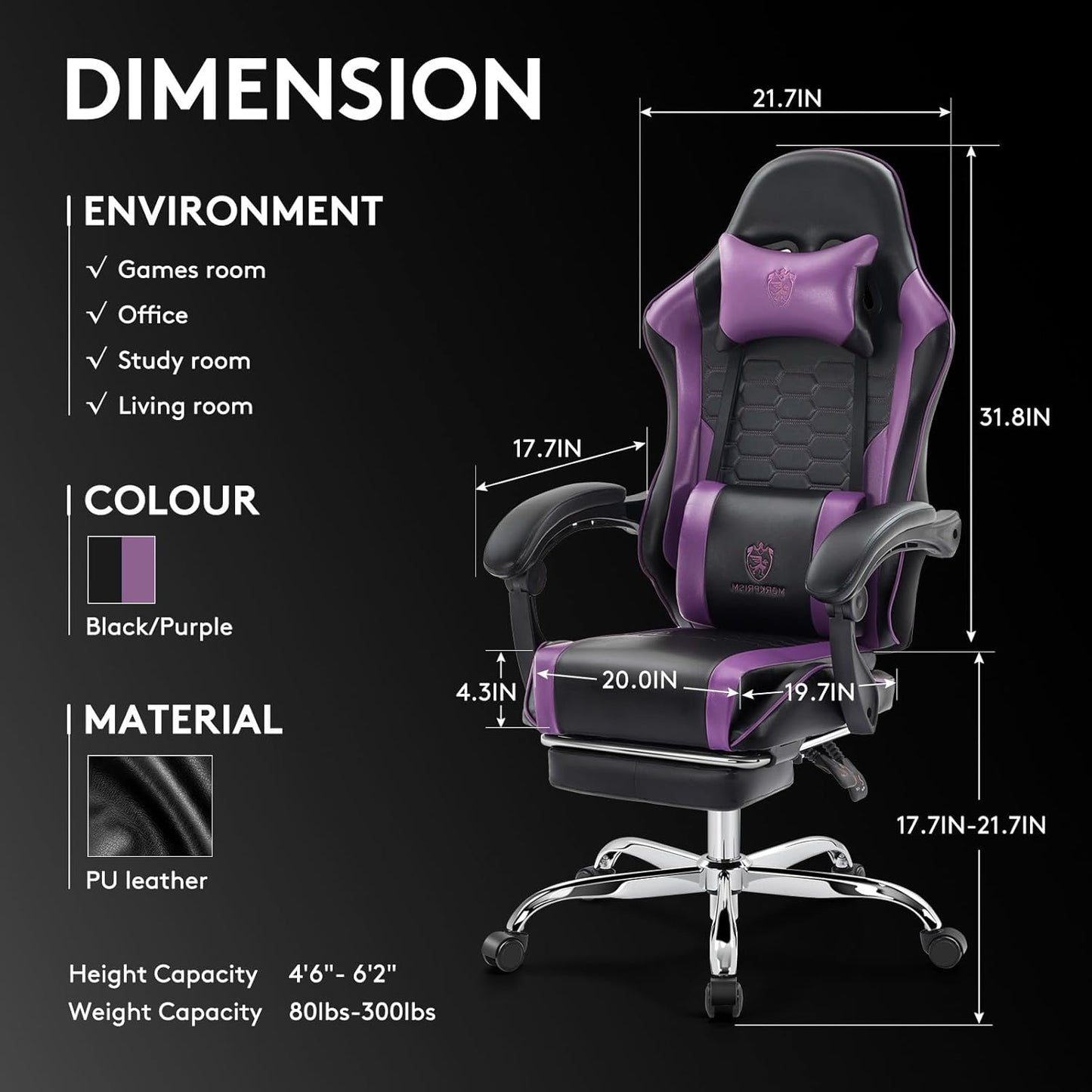 Gaming Chair,Computer Office Chair with Footrest,Massage Lumbar Support and Gel Pad,Ergonomic Reclining Adjustable Leather Gamer Chair with Headrest and Spring Cushion Purple