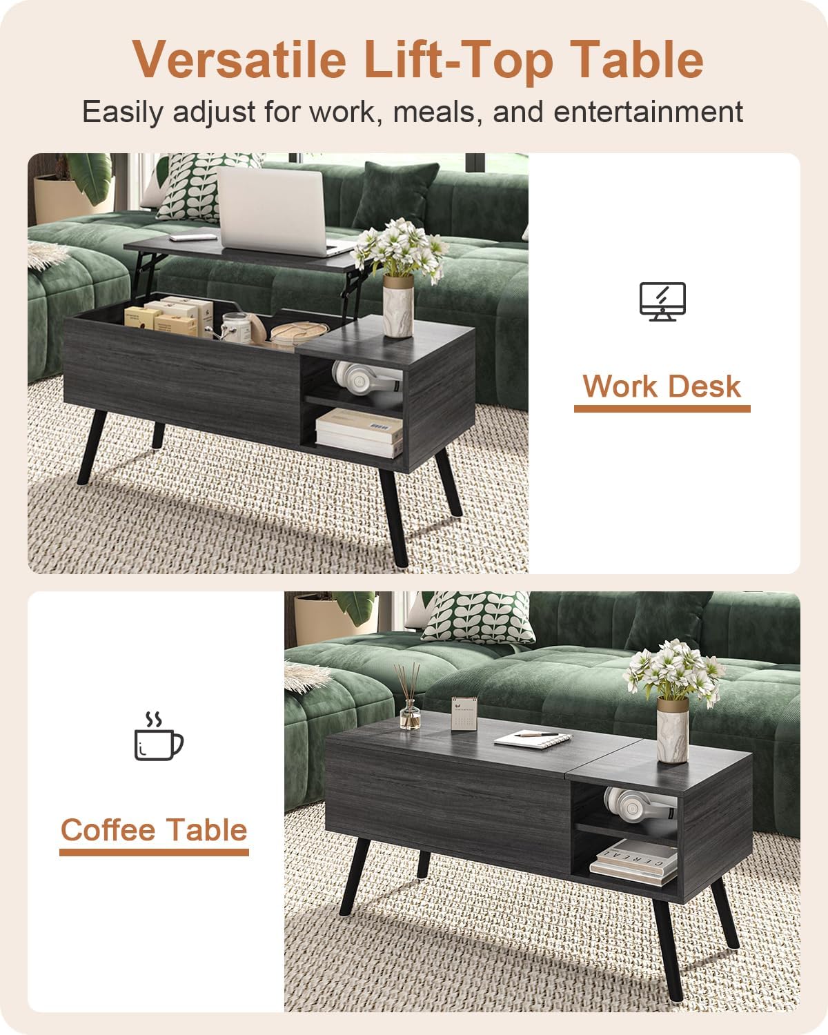 ALINE FURNITURE Gray Coffee Table Lift Top - Dark Grey Coffee Table with Solid Wood Legs, Hidden Storage Compartment & Open Shelves - 40" Rectangle Coffee Tables for Living Room