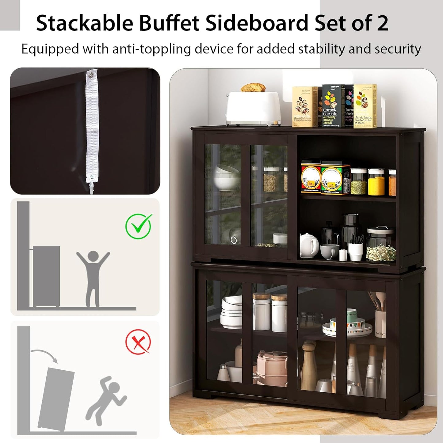 Costzon 2-Pack Wooden Kitchen Storage Cabinet with Adjustable Shelf, Sliding Glass Doors, Accent Coffee Bar Cabinet Console Table for Living Room, Dining Room, Hallway