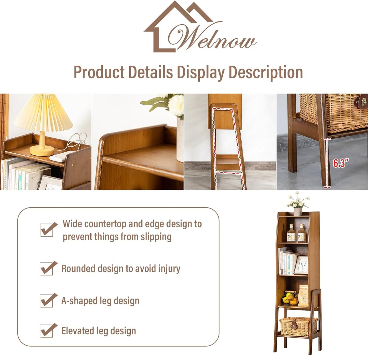 Welnow Bamboo Bookcase with Cabinet, Natural End Table with 3-Tier Storage Shelf, Modern Bedside Organizer Side Table for Bedroom or Living Room, Walnut Bookshelf with Open Space